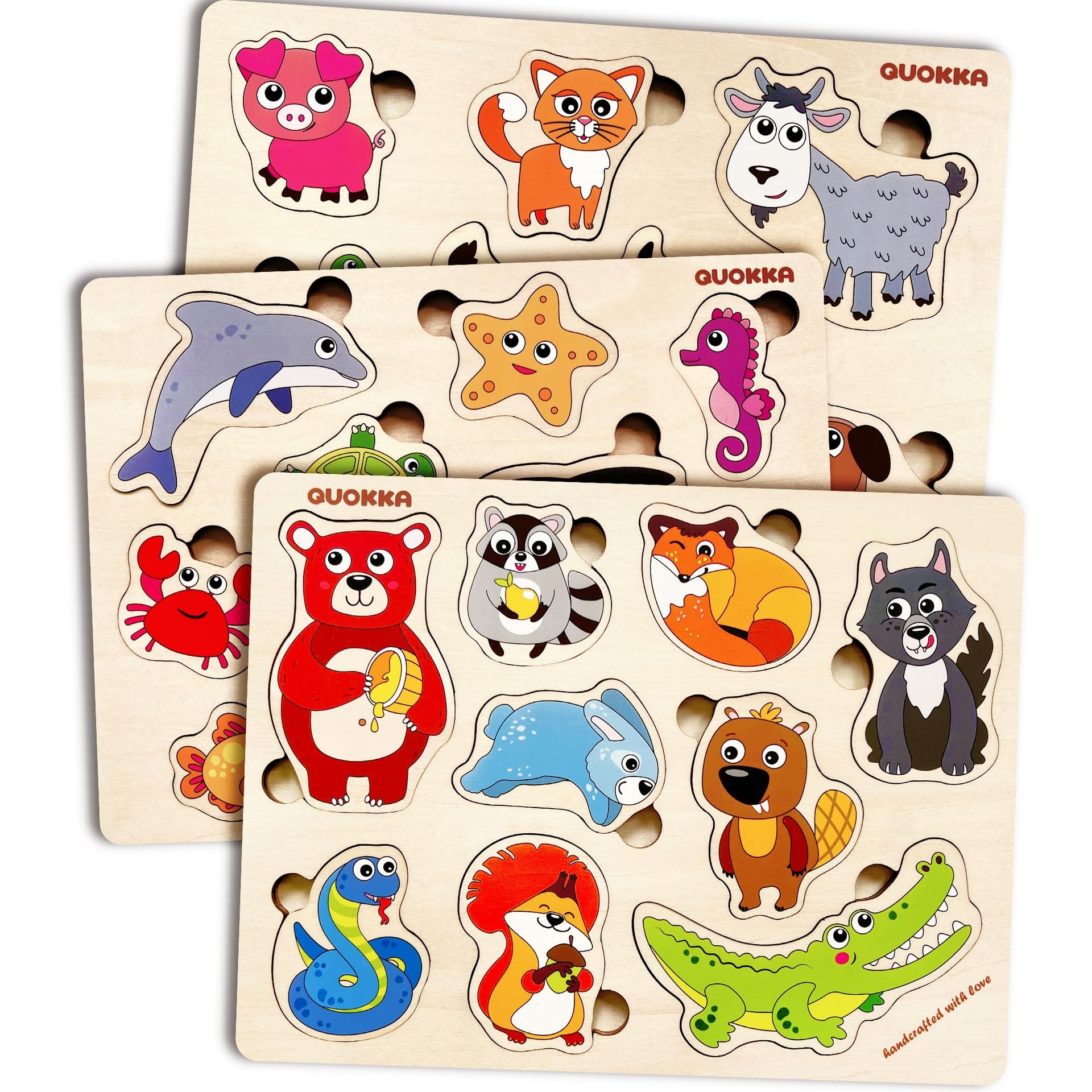 Toddler Wooden Animal Puzzles for Ages 1-3 - Montessori Early Learning Toys with Pegs for Fine Motor Skills & Cognitive Development