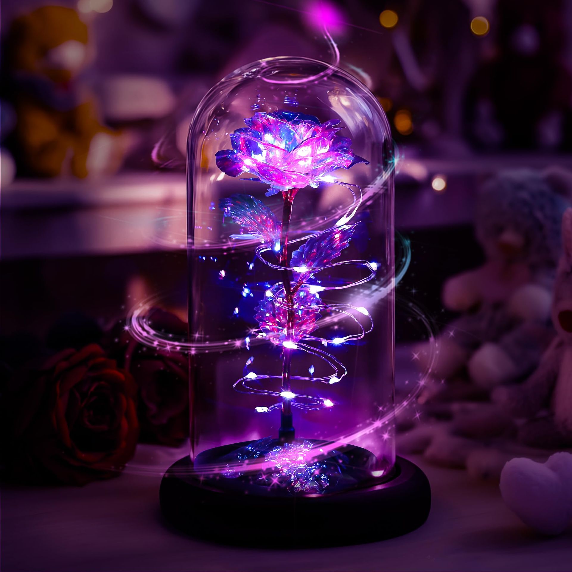 Rotating Colourful Purple LED Rose in Glass Dome - Perfect Gift for Her