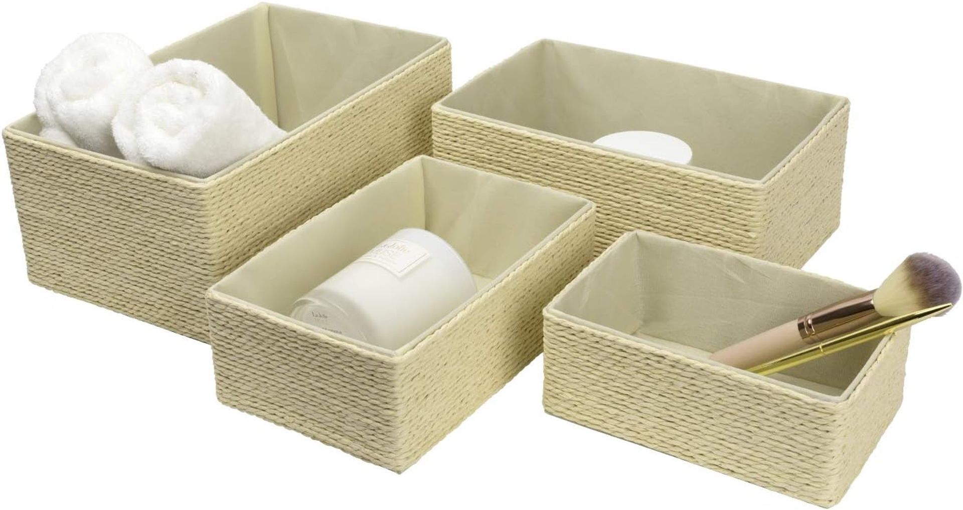 Paper Rope Woven Storage Basket Set of 4 with Fabric Liner Multipurpose Stackable Organiser Bin - Beige 5