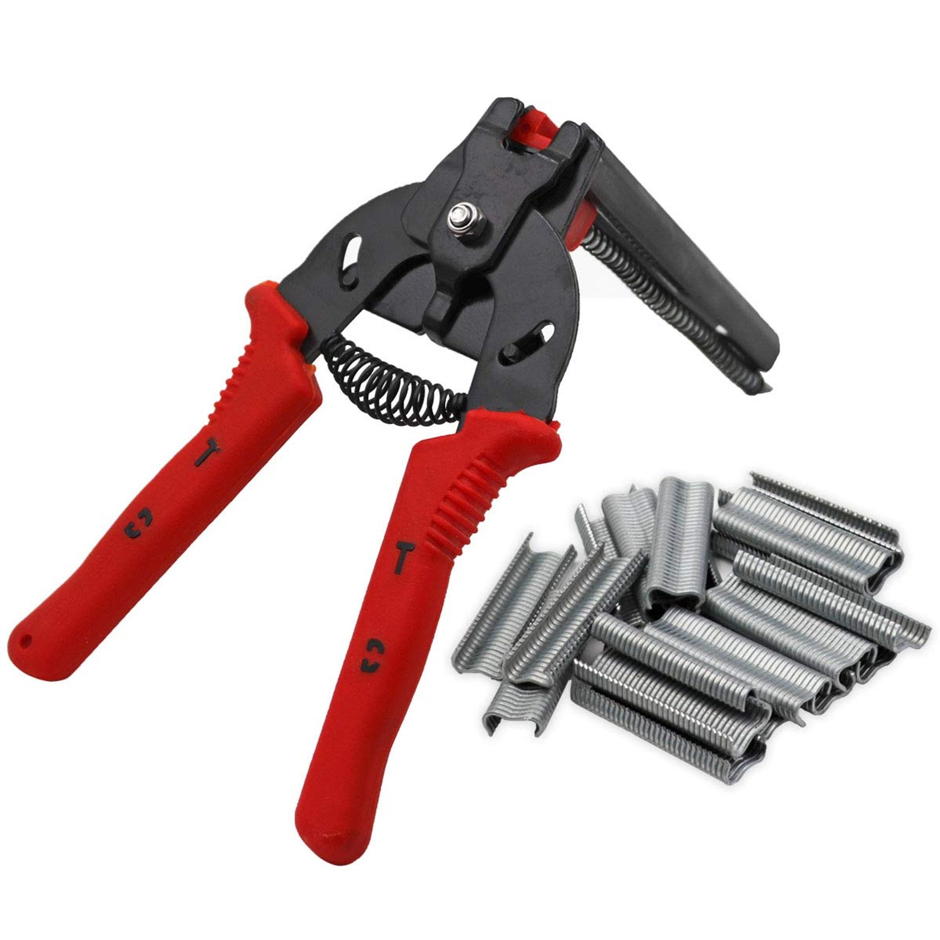 Hog Ring Pliers Kit with 600 Clips for Wire Fencing & Bird Cage Installation - Red