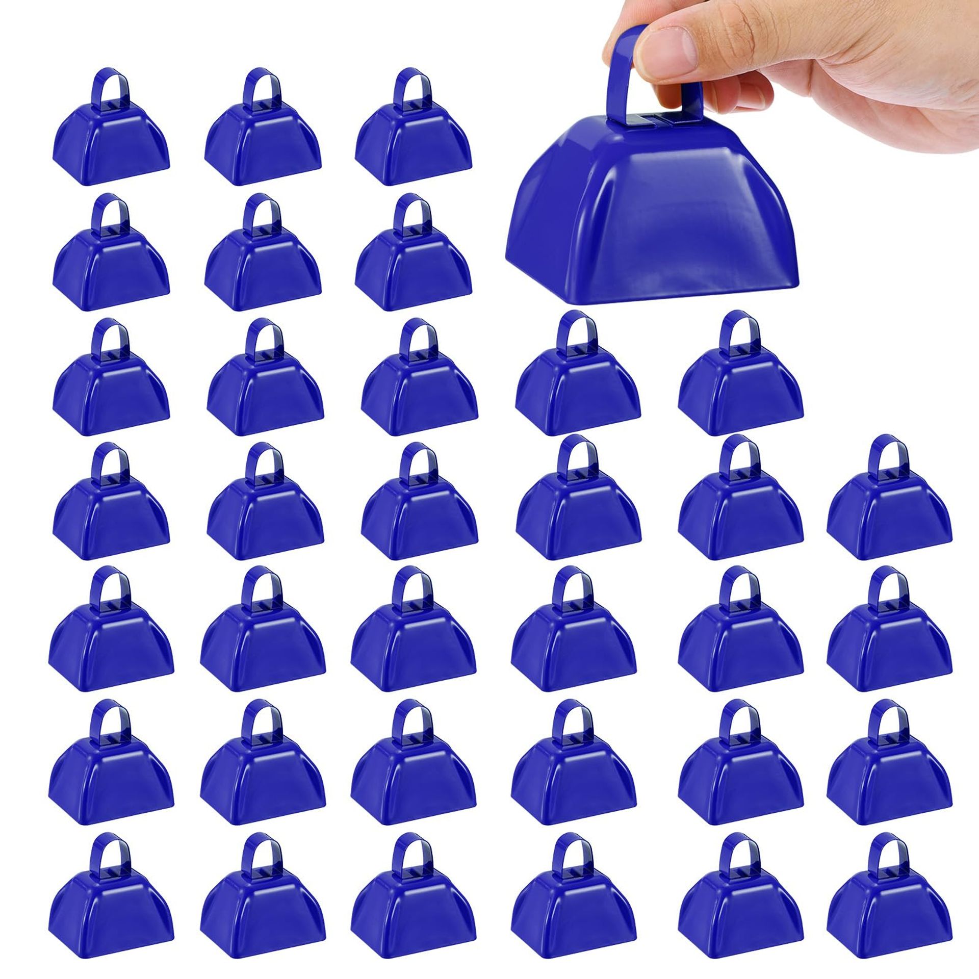 36pcs Cow Bells for Football Games, Loud Metal Noise Makers with Handle for Cheering and Events - Blue 3 Inch
