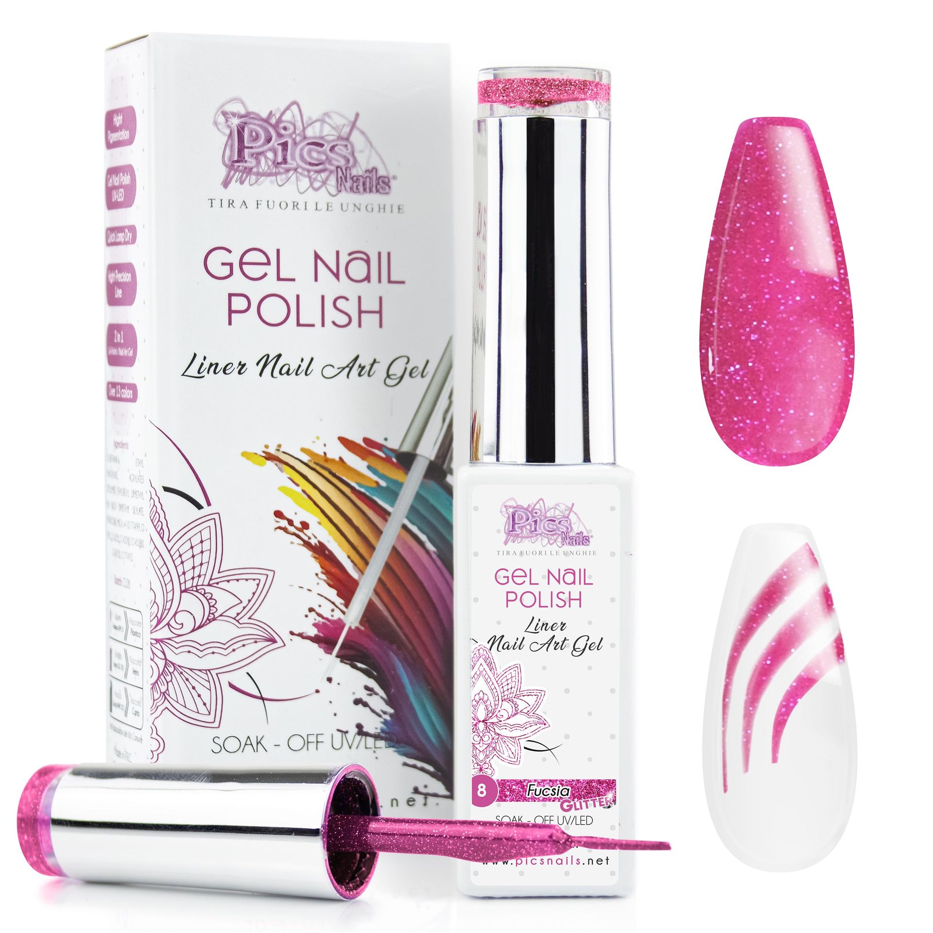 Fuchsia Glitter Gel Nail Polish 10ml - High Precision Brush for Nail Art & French Manicure