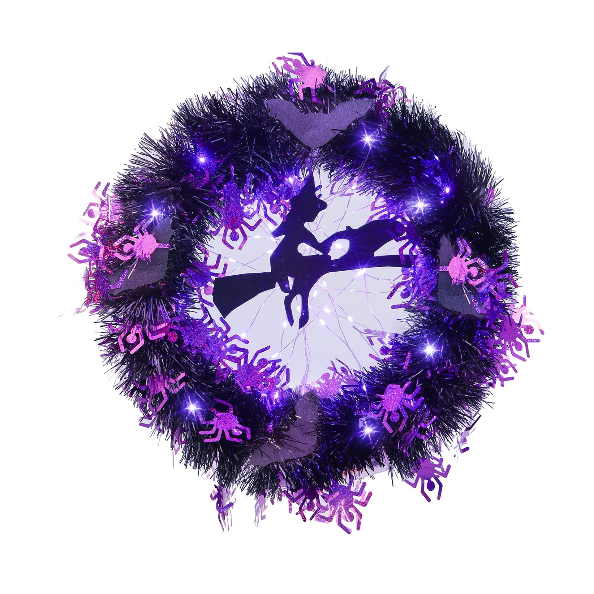 EDWINENE Halloween Witch Wreath With Lights, 16 Inch Witch Wreath Halloween Decorations for Indoor Outdoor Wall Hanging Halloween Decorations (Witch Wreath with Light)