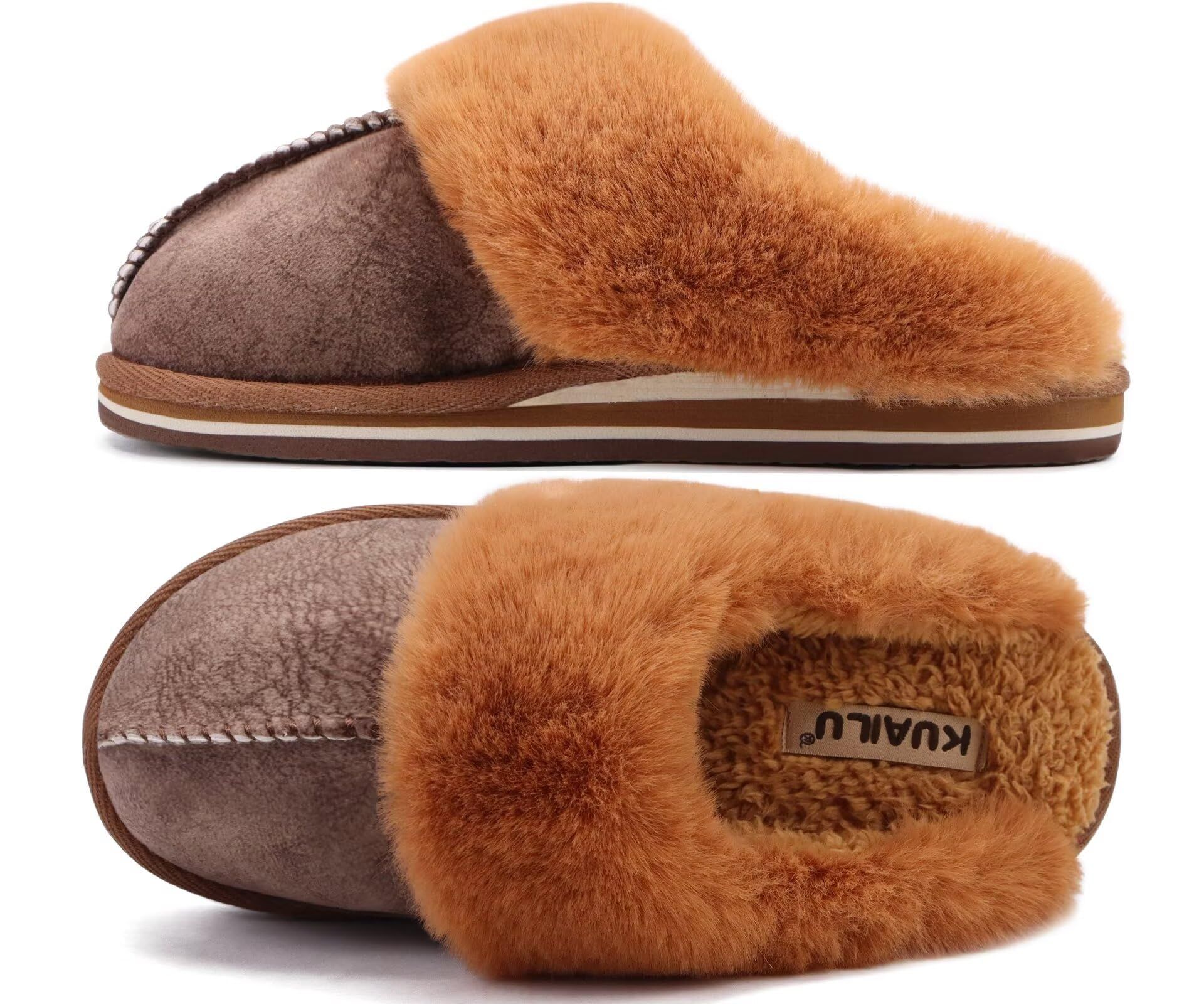 Women's Plush Memory Foam Mule Slippers Cosy Faux Fur Lined Slip-On with Arch Support Non-Slip Sole - Brown UK 3