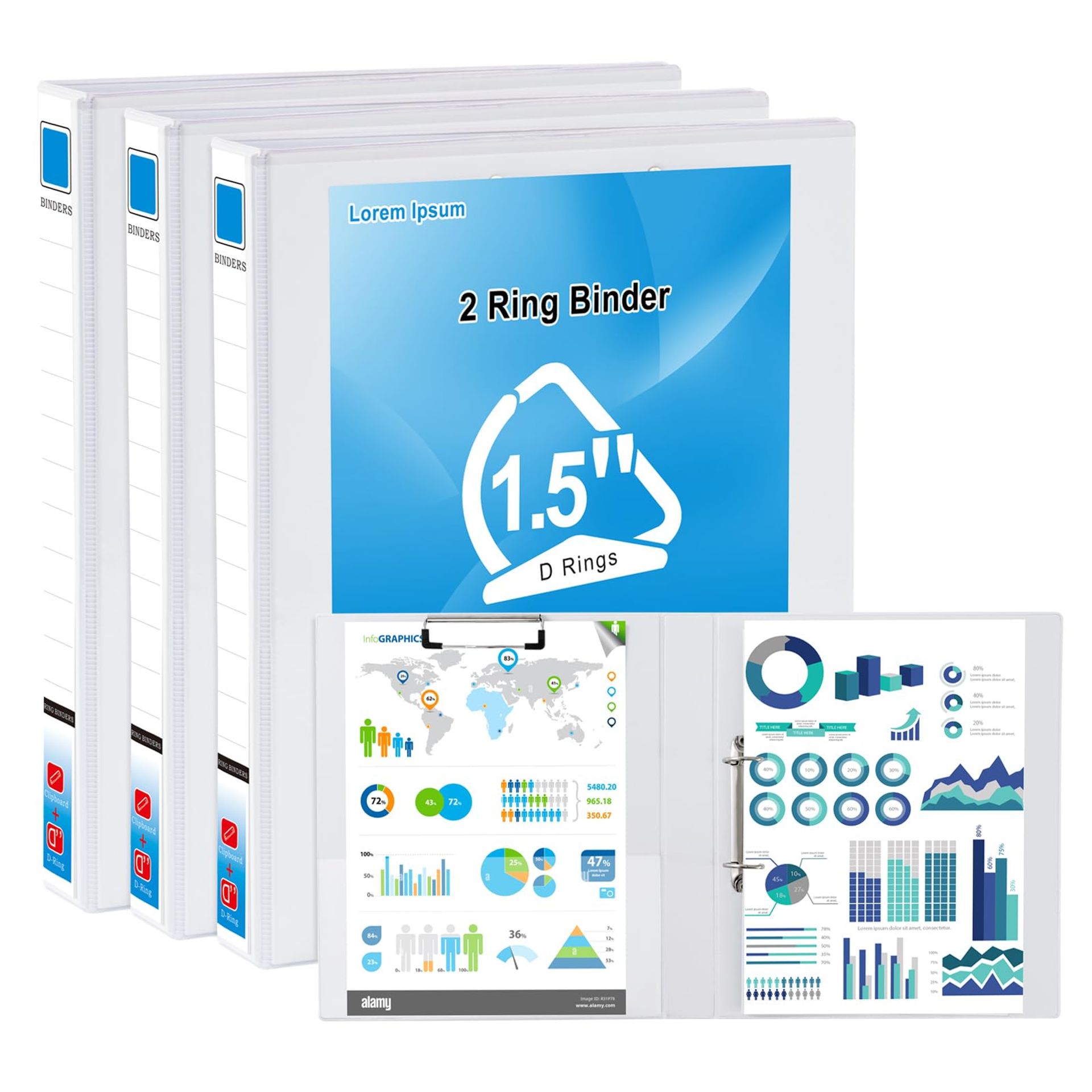 Ring Binder A4 3-Pack 2-Ring Clipboard Binders with 45mm Spine Customisable Cover for Office, School & Business - White HQ-3702-2D