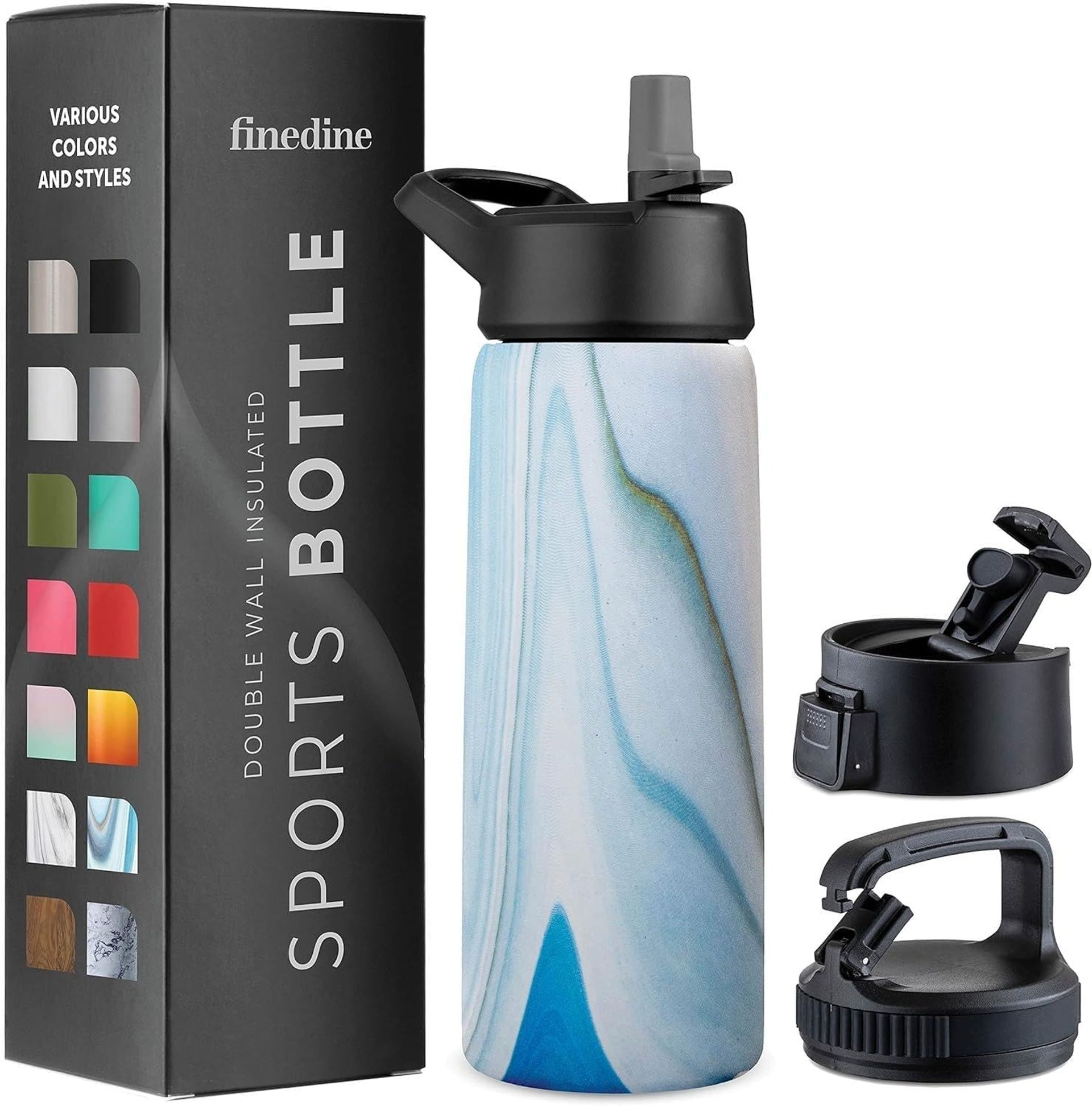 Triple Insulated Stainless Steel Water Bottle with Straw Lid, Flip Top, Wide Mouth, 750ml - Exquisite Blue Marble