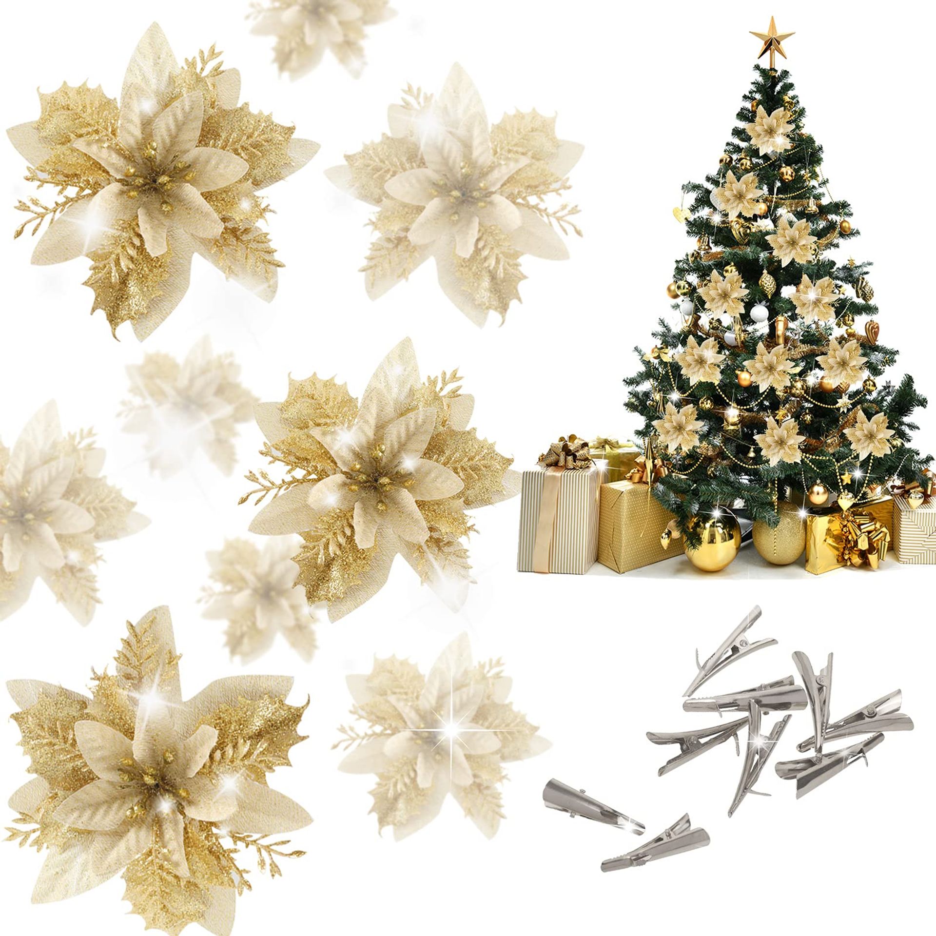 20pcs Christmas Poinsettia Artificial Flowers with Clips Glitter Ornaments for Tree, Wedding and Party Décor - Gold 14cm