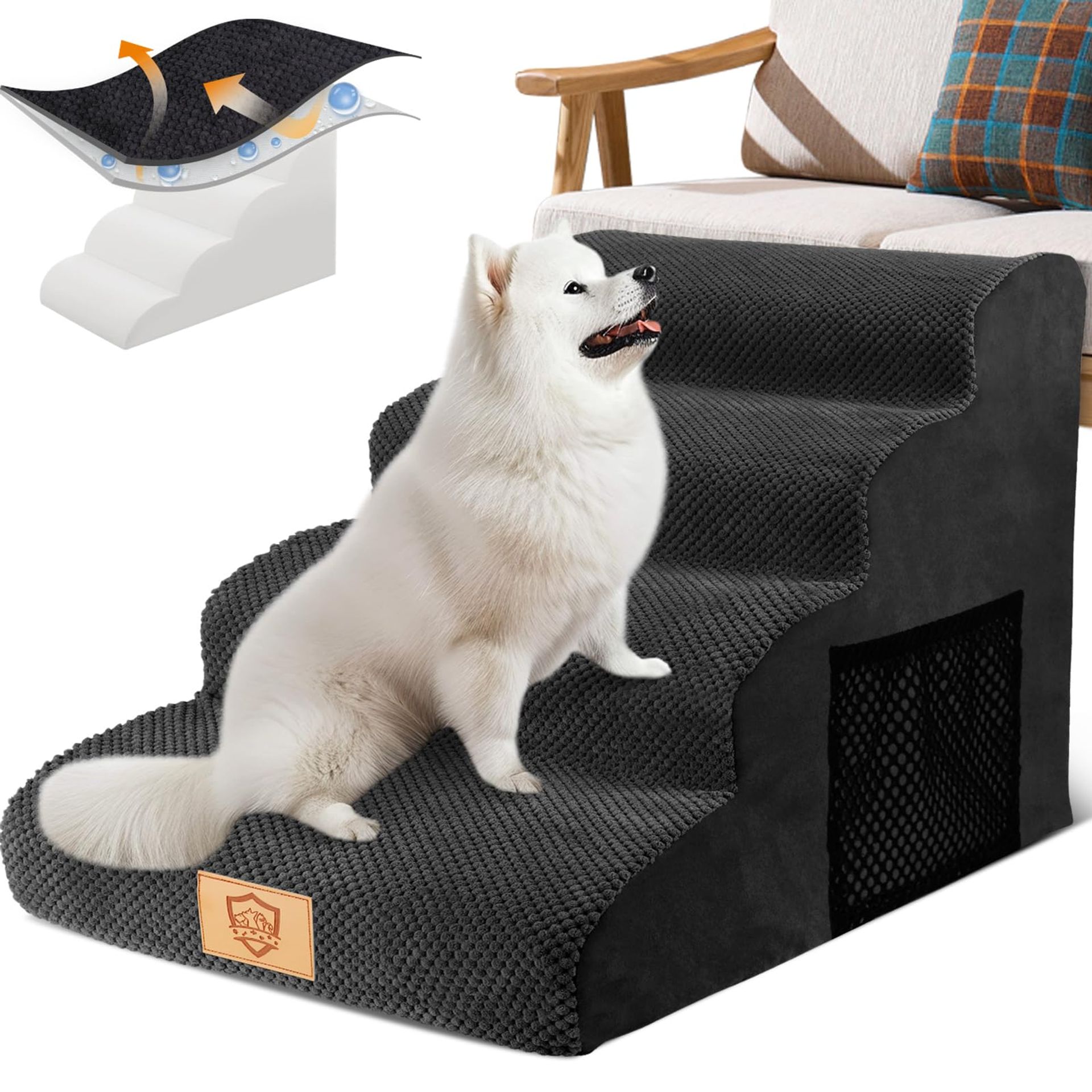 Dog Steps for Bed 4-Step Pet Stairs with Removable Cover Waterproof Non-Slip Foam Ladder for Small Injured Pets - Black 4-Step