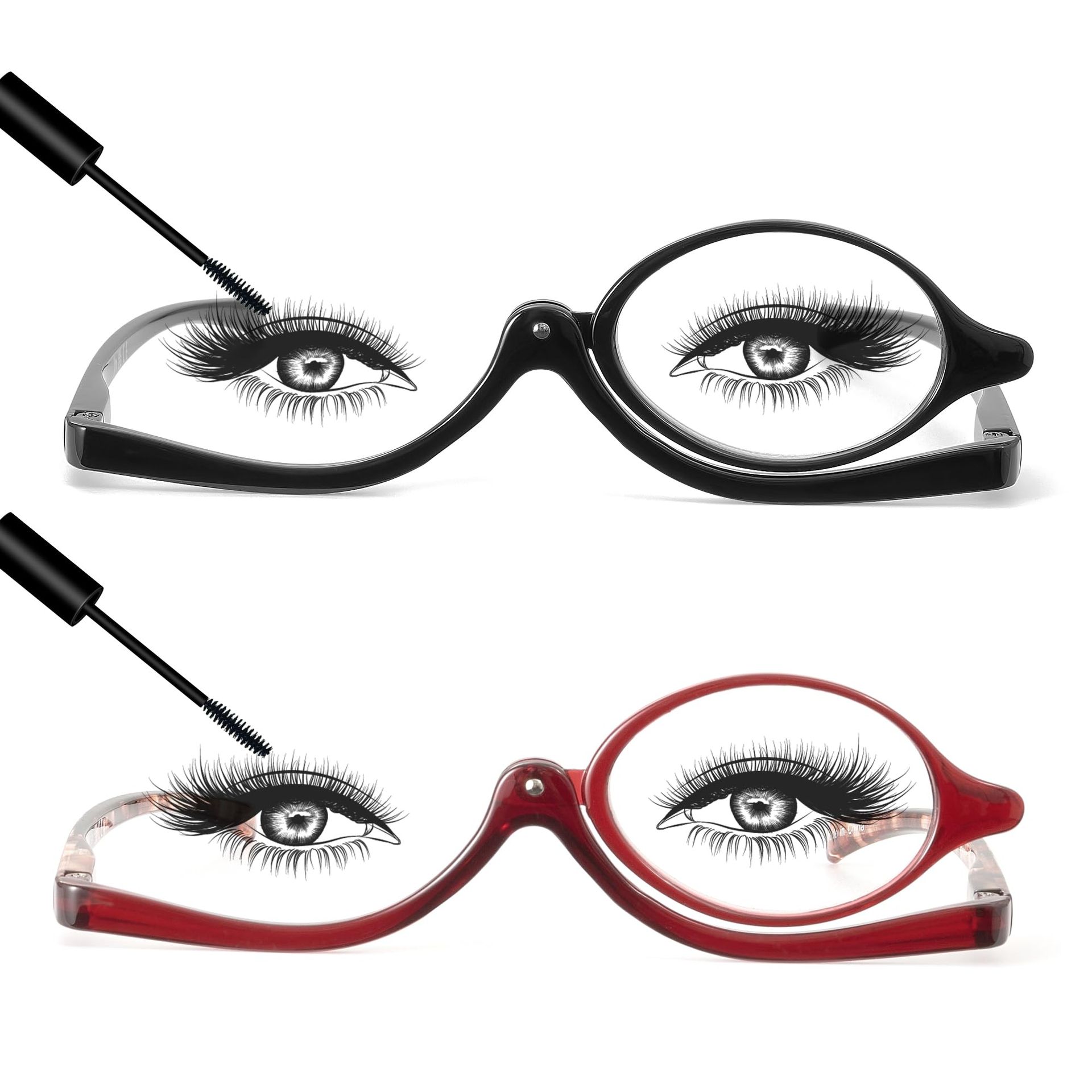 Women's Makeup Reading Glasses Flip Down Magnifying Cosmetic Readers 2 Pairs - Black/Red Tortoise +2.0