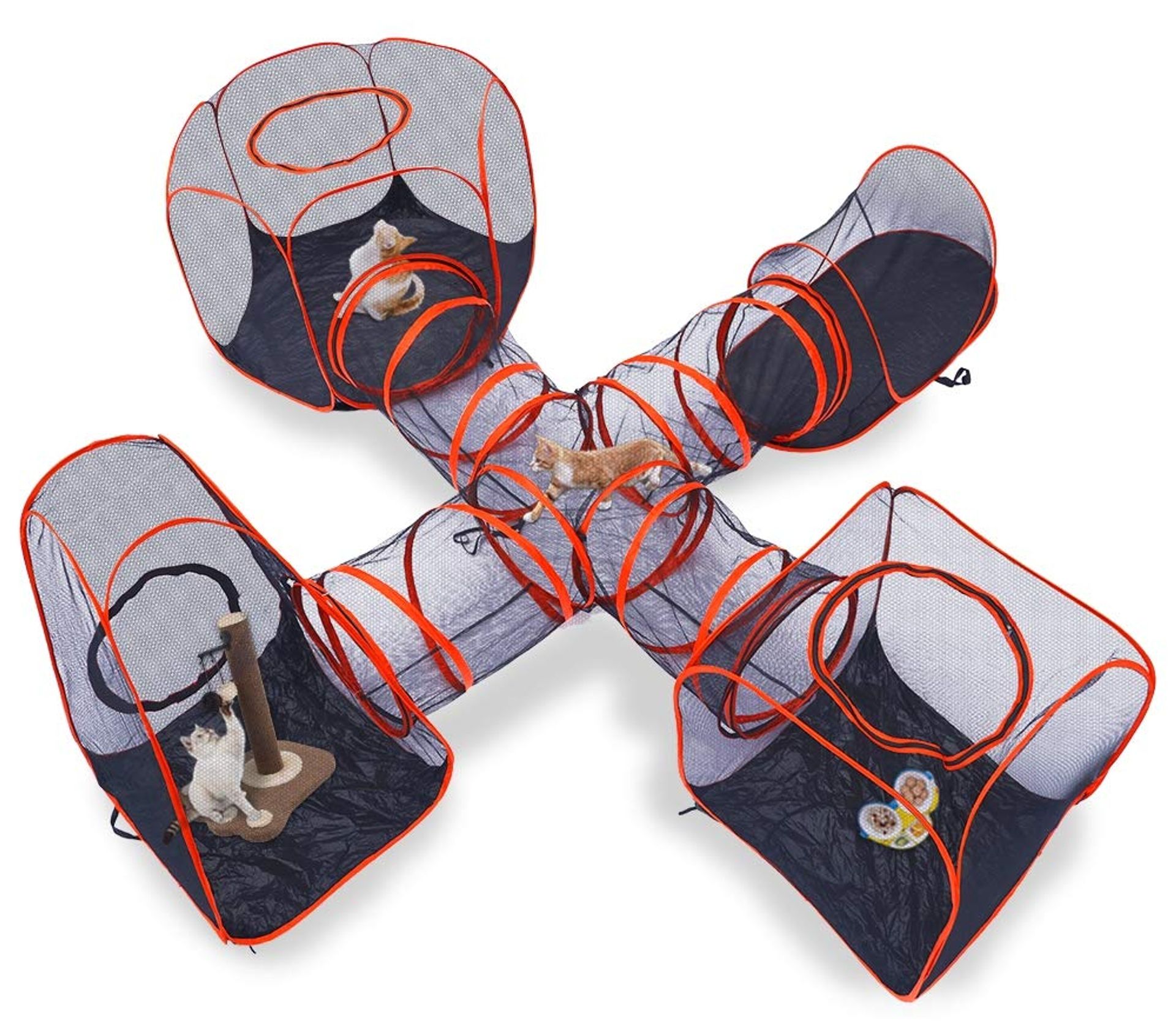 5-in-1 Outdoor Cat Playpen Set Large Pop-Up Catio Enclosure with Tents & Tunnel - Red/Black Extra Large