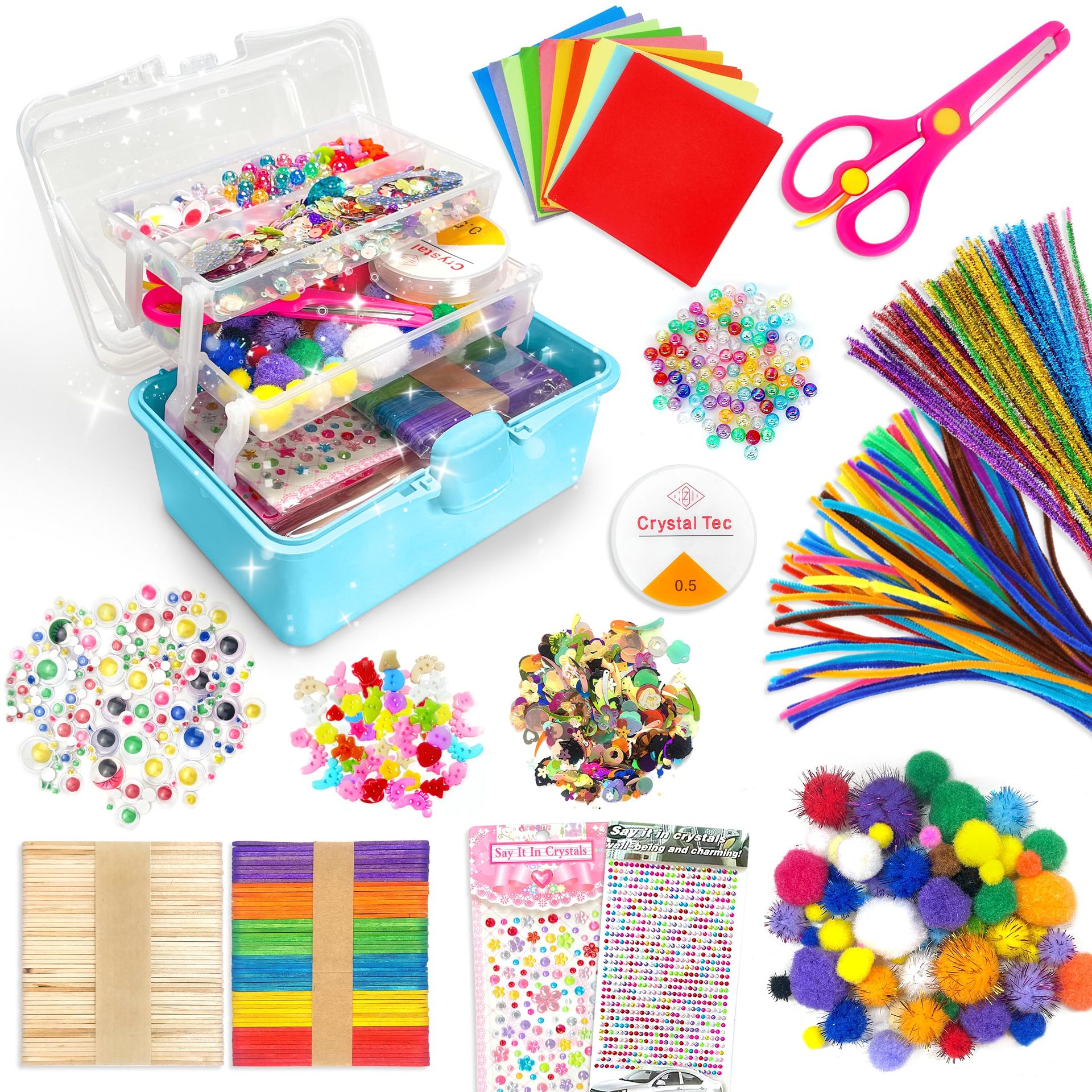 2500+ Pcs Kids Art & Craft Supplies Set - Includes Pipe Cleaners, Pom Poms, Feathers & Storage Box, Blue