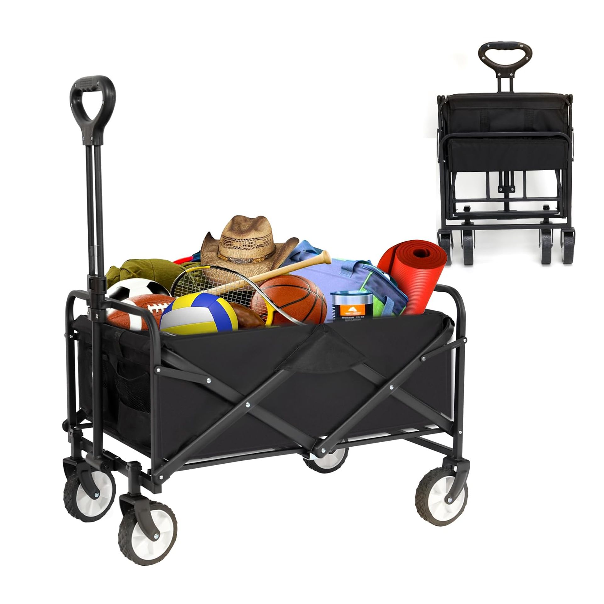 Folding Festival Portable Beach Trolley Cart Collapsible Wagon with Adjustable Handle for Camping, Garden & Outdoor Use - Black Large Size