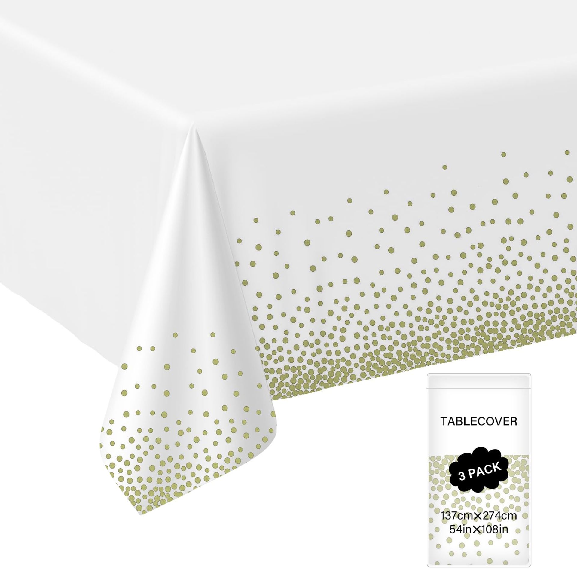 Premium White Gold Dot Disposable Tablecloths 54"x108" - 3 Pack for Parties & Weddings