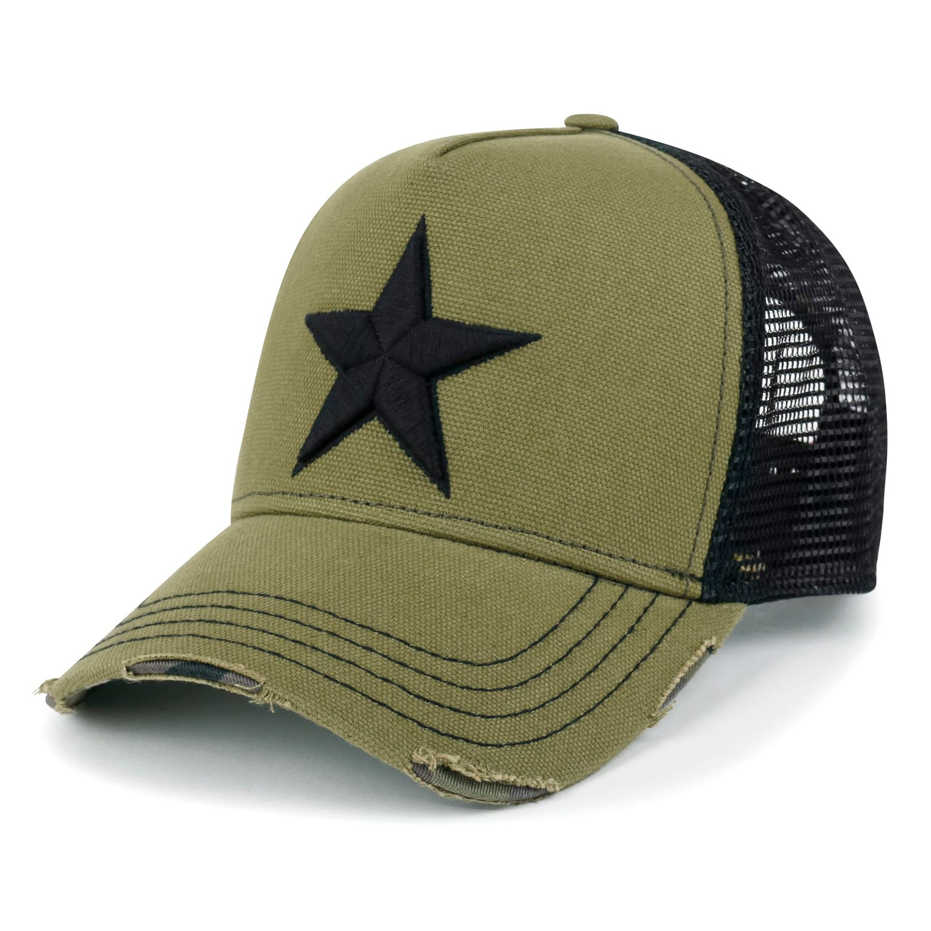 Men's Trucker Hat Distressed Cotton Baseball Cap with Star Embroidery - Olive Medium