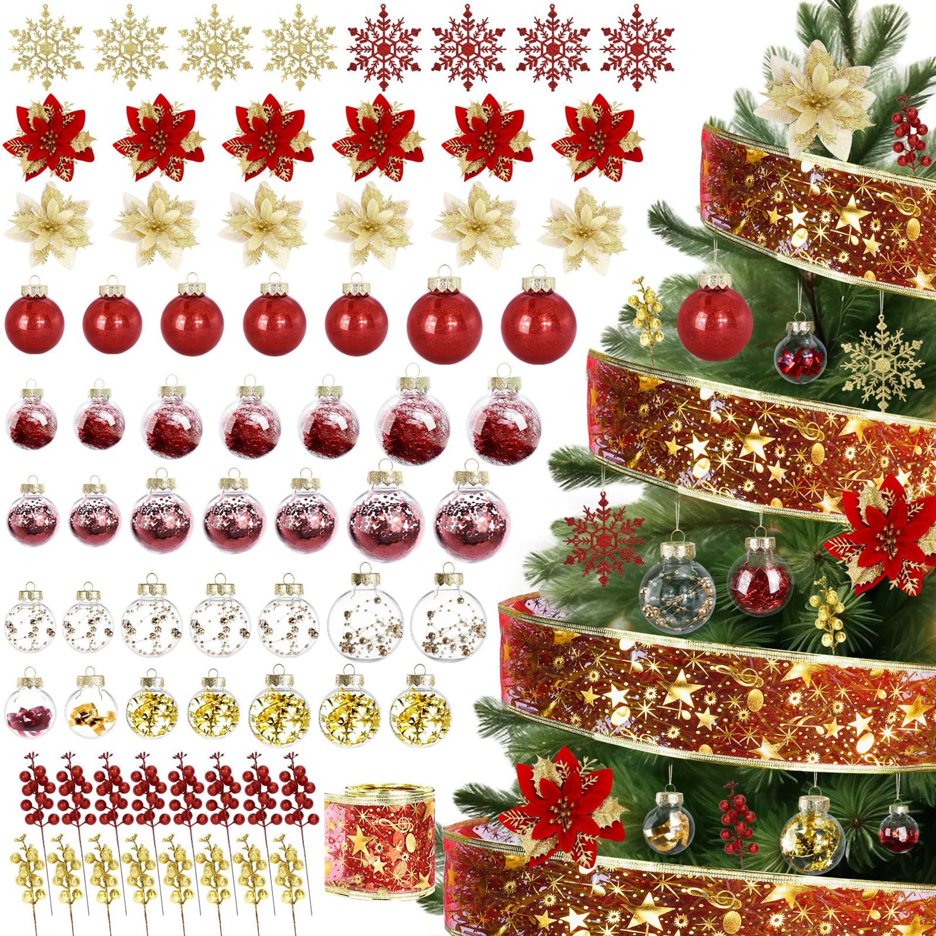 72pcs Red & Gold Christmas Tree Baubles with Snowflakes, Poinsettia, Glitter & Berry Stems