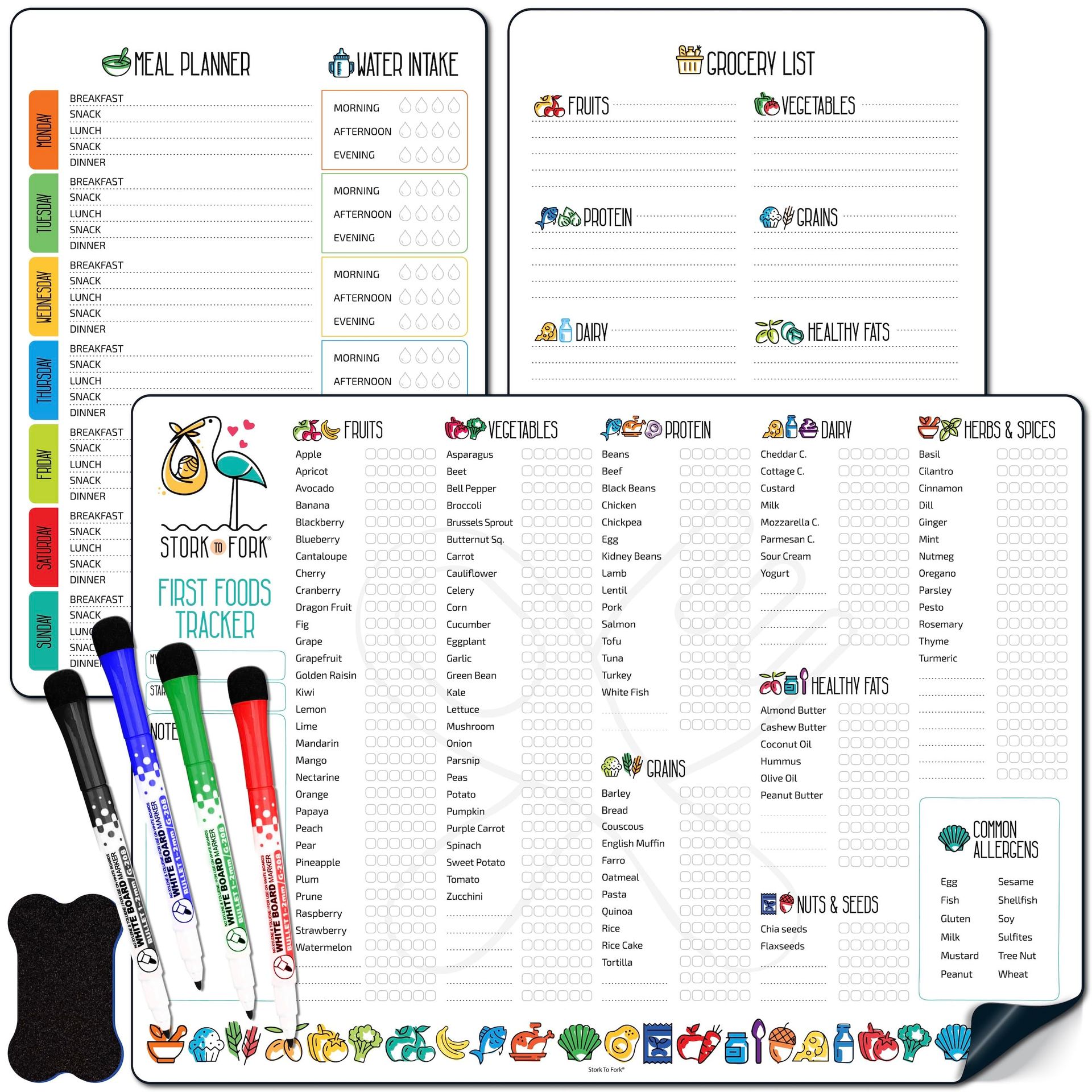 Baby First Food Tracker 3-in-1 Magnetic Meal & Grocery Planner Dry Erase Chart for Weaning - White A4