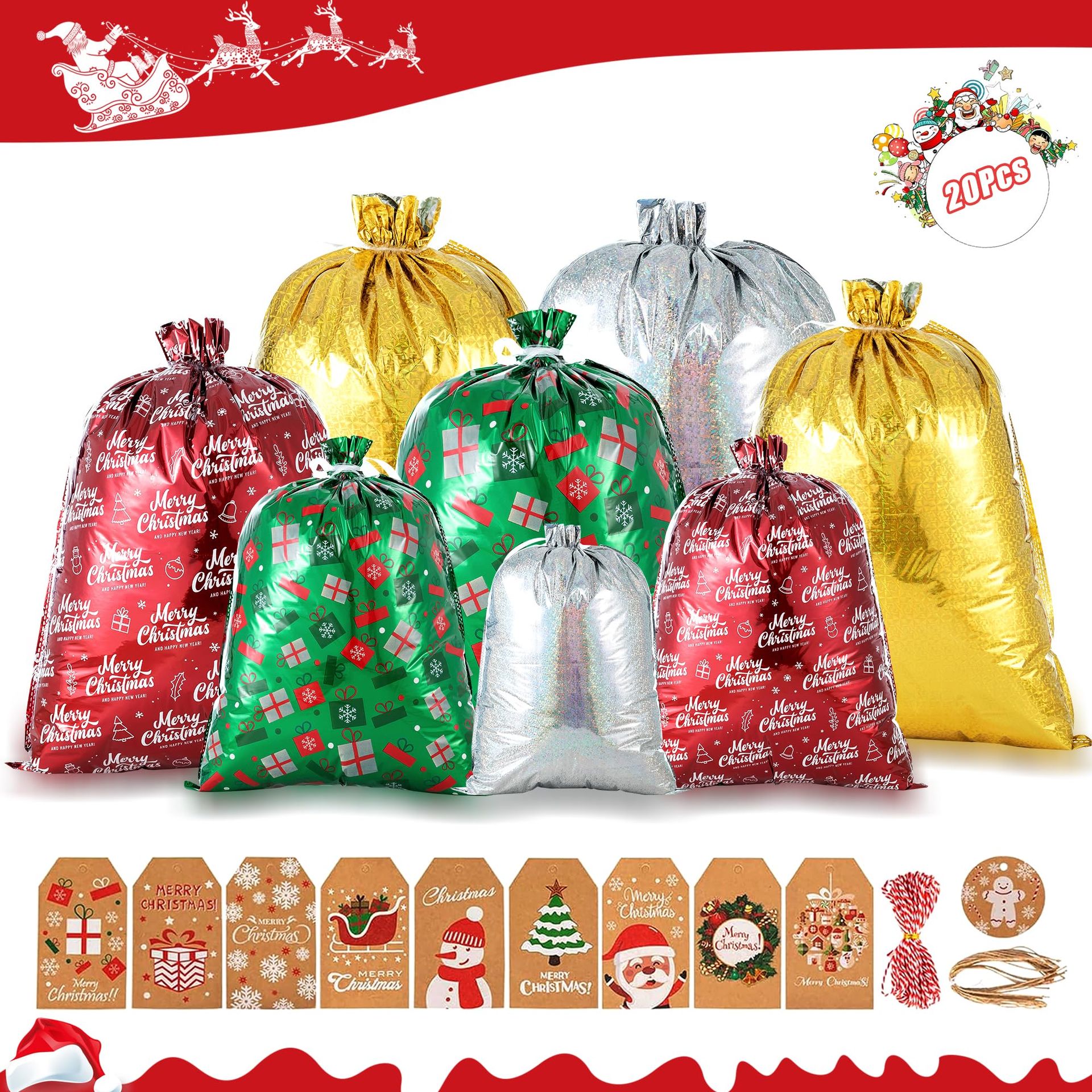 Large Christmas Gift Bags 20 Pack - 4 Designs & Sizes, Easy Drawstring Wraps with Tags & Accessories