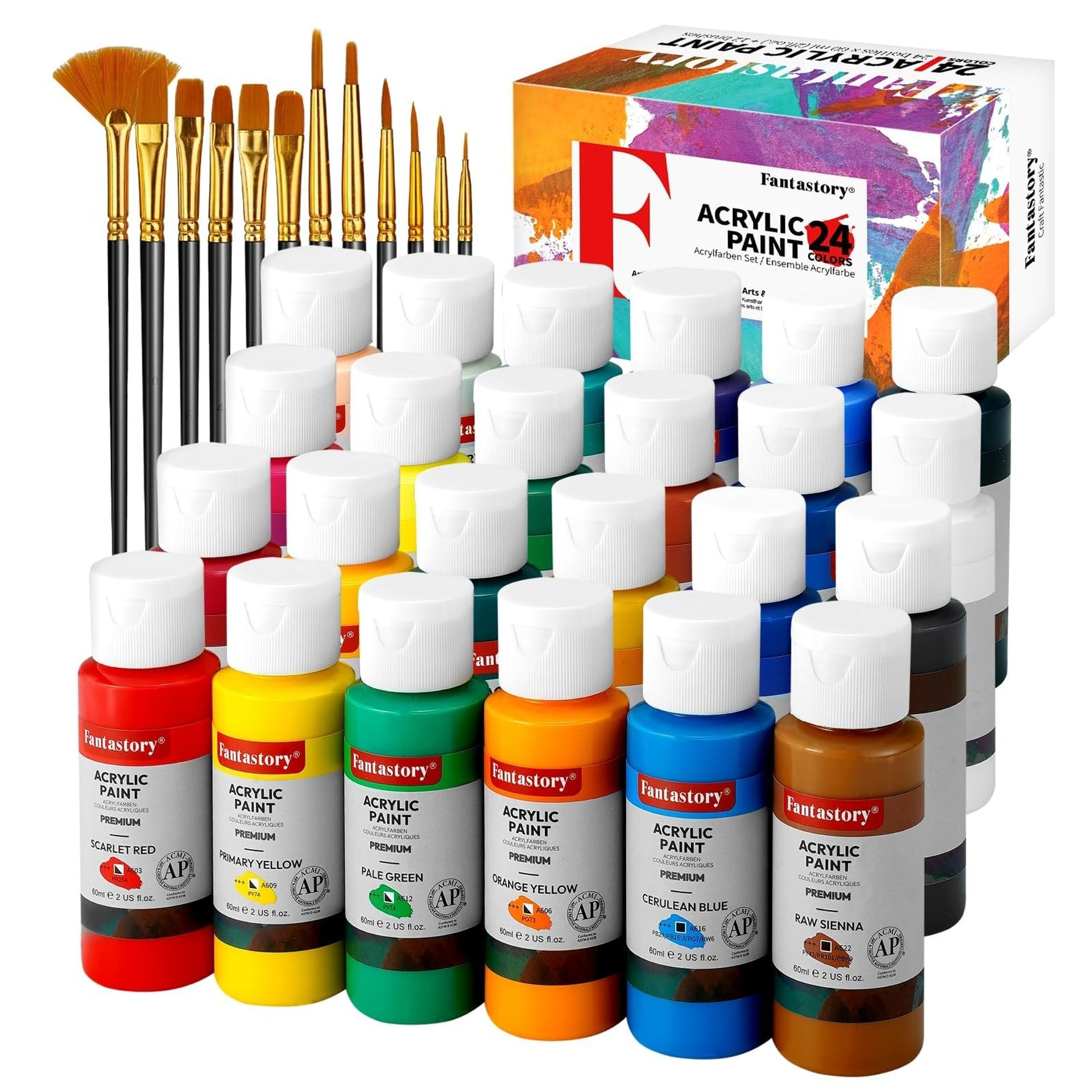 Acrylic Paint Set 24 x 60ml with 12 Brushes Waterproof Quick-Dry for Canvas Wood Ceramic Models - Multicolour 24-Pack