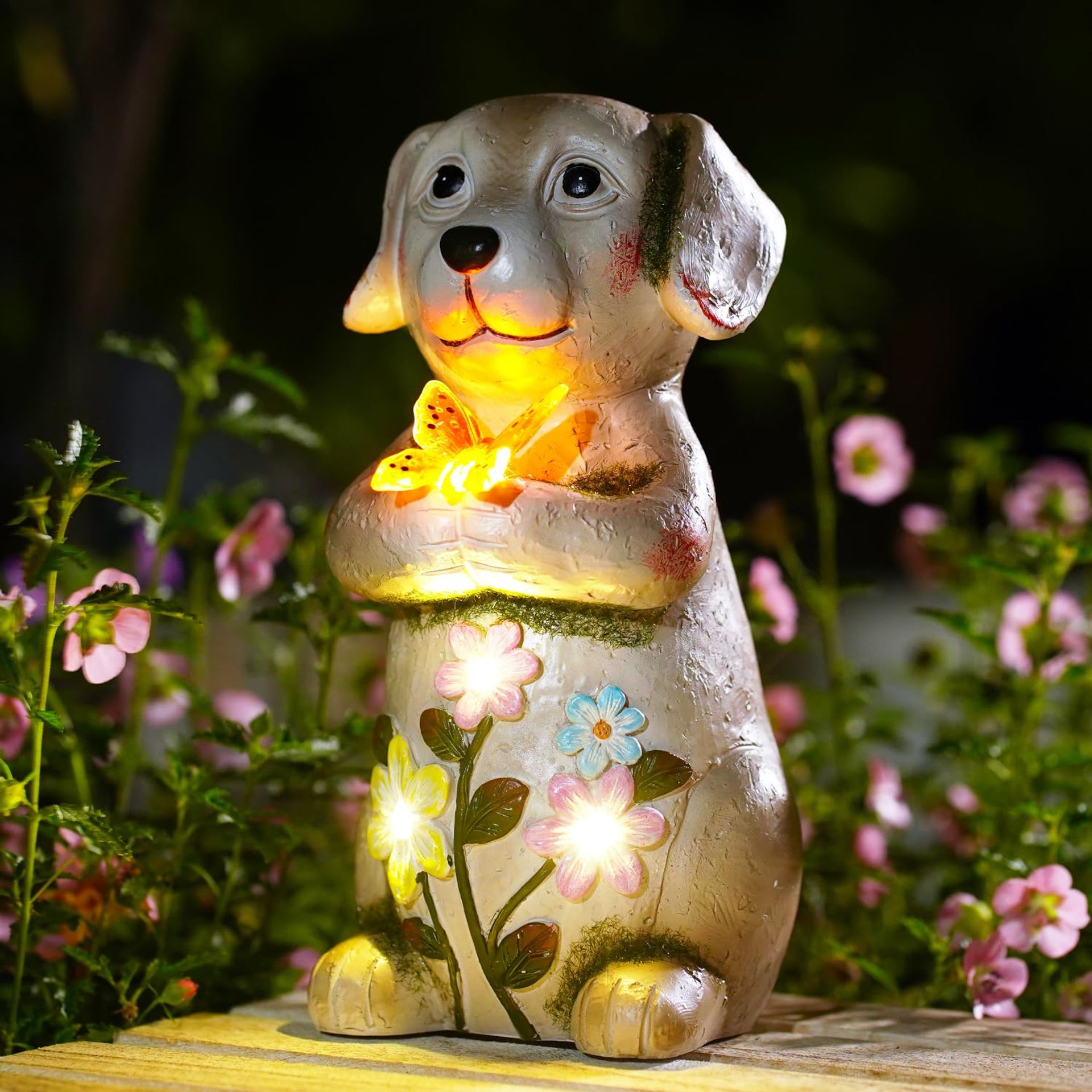 Solar Powered Dog Statue Holding Butterfly Outdoor Garden Ornament Gift - Brown One Size