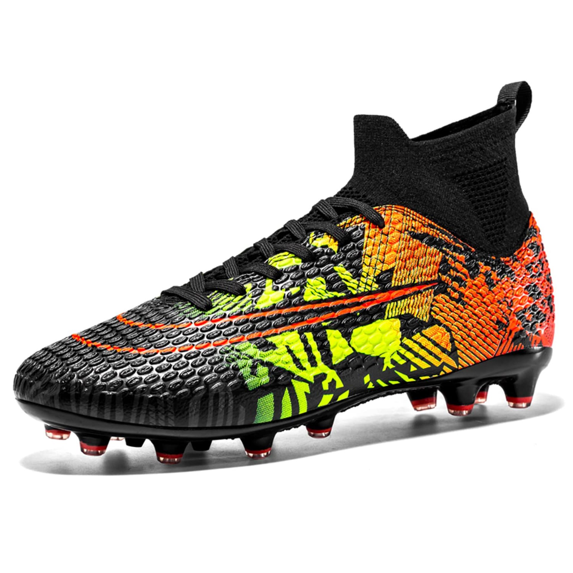 Men's Football Boots Breathable High Top Turf Cleats Wear-Resistant Outdoor Soccer Shoes - Black/Orange UK 7.5