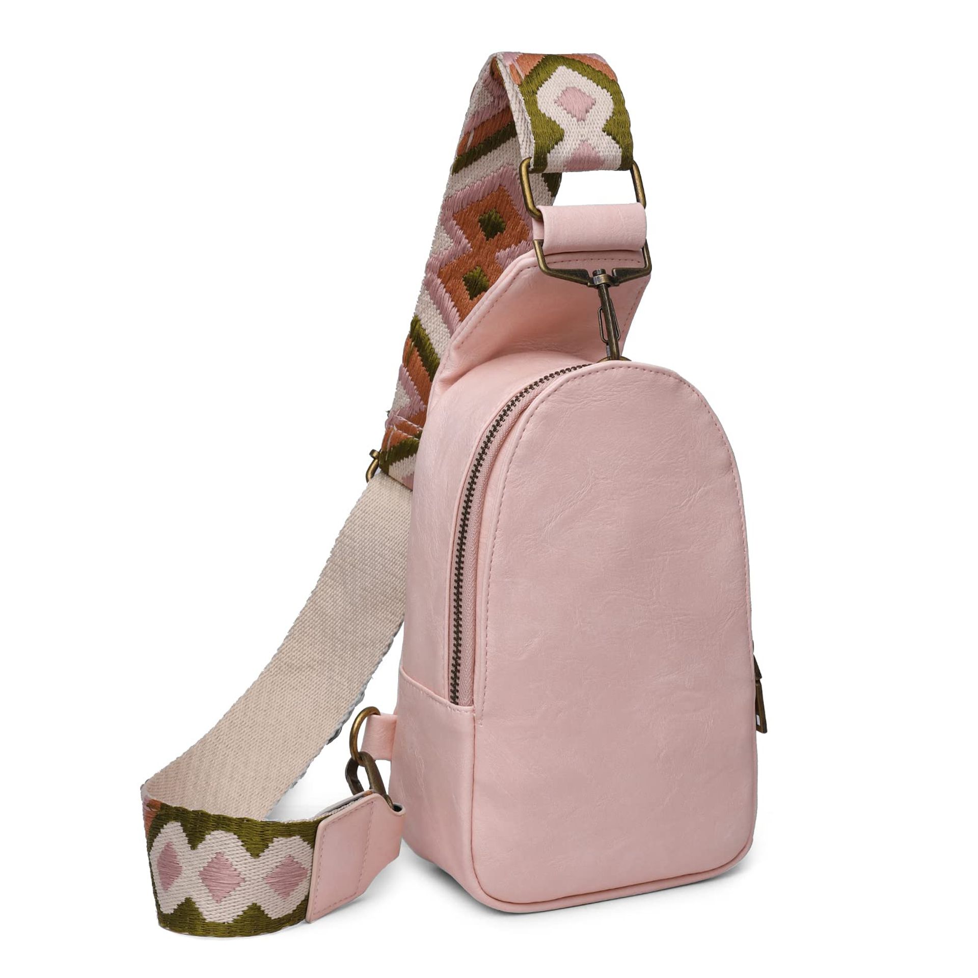 Women's Fashion Chest Crossbody Shoulder Bag PU Leather with Card Slot & Adjustable Strap - Pink