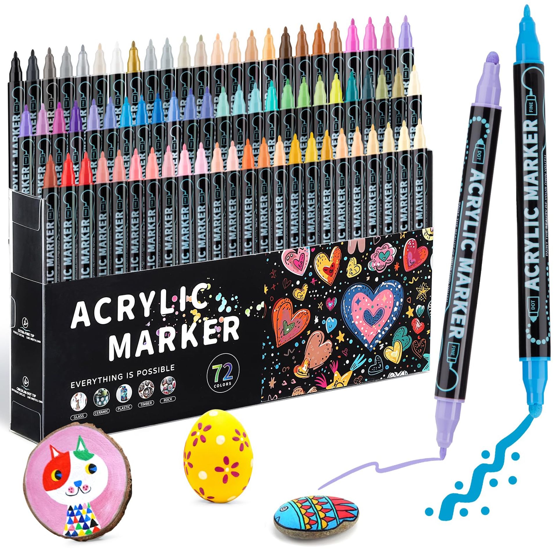 Dual Tip Acrylic Paint Pens Set 72 Colours for Rock, Glass, Wood & Canvas Art - Multicolour 1 Count (Pack of 72)