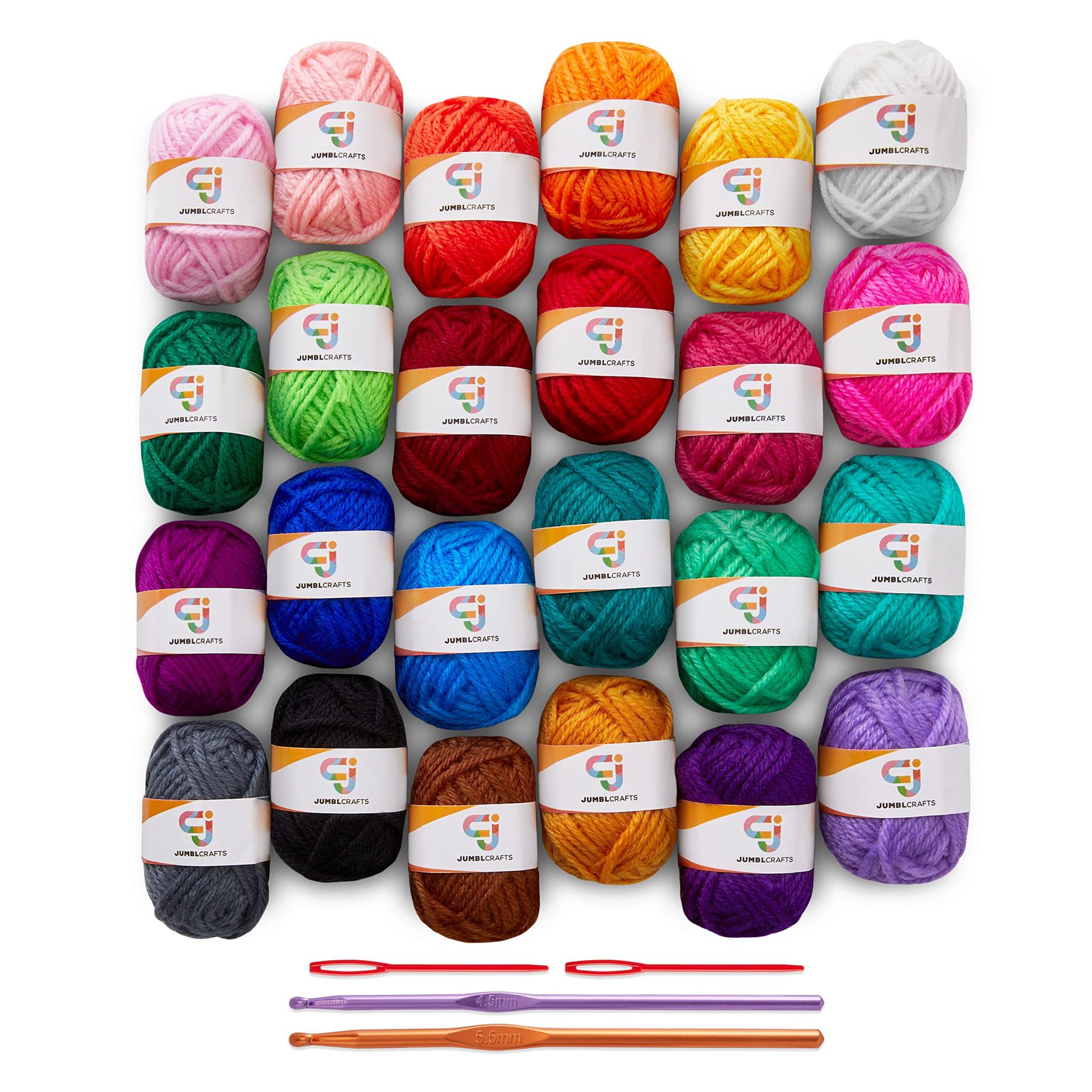 JumblCrafts 24-Yarn Crochet & Knitting Starter Kit - 24 Colours, Hooks & Needles, Perfect for All Levels