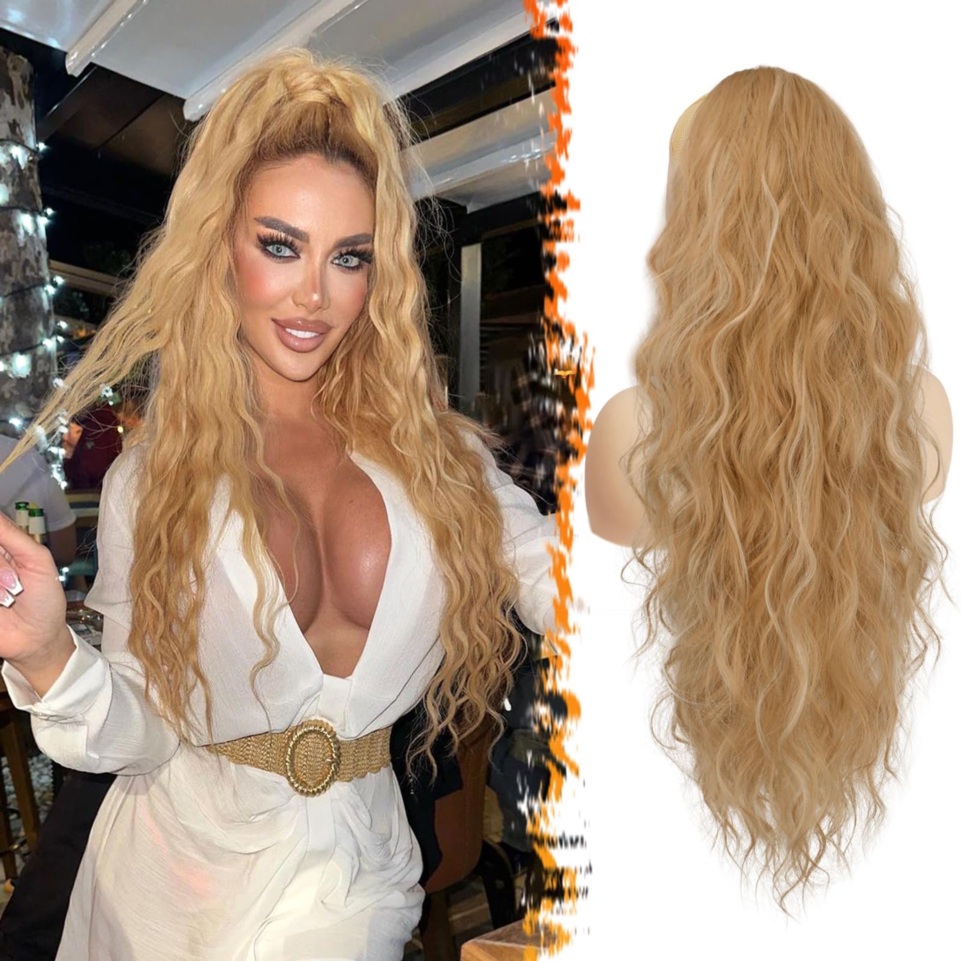 Drawstring Ponytail Extension 26 Inch Long Curly Wavy Synthetic Hairpiece for Women - Blonde Highlighted Bleach Blonde 66cm - Valentines