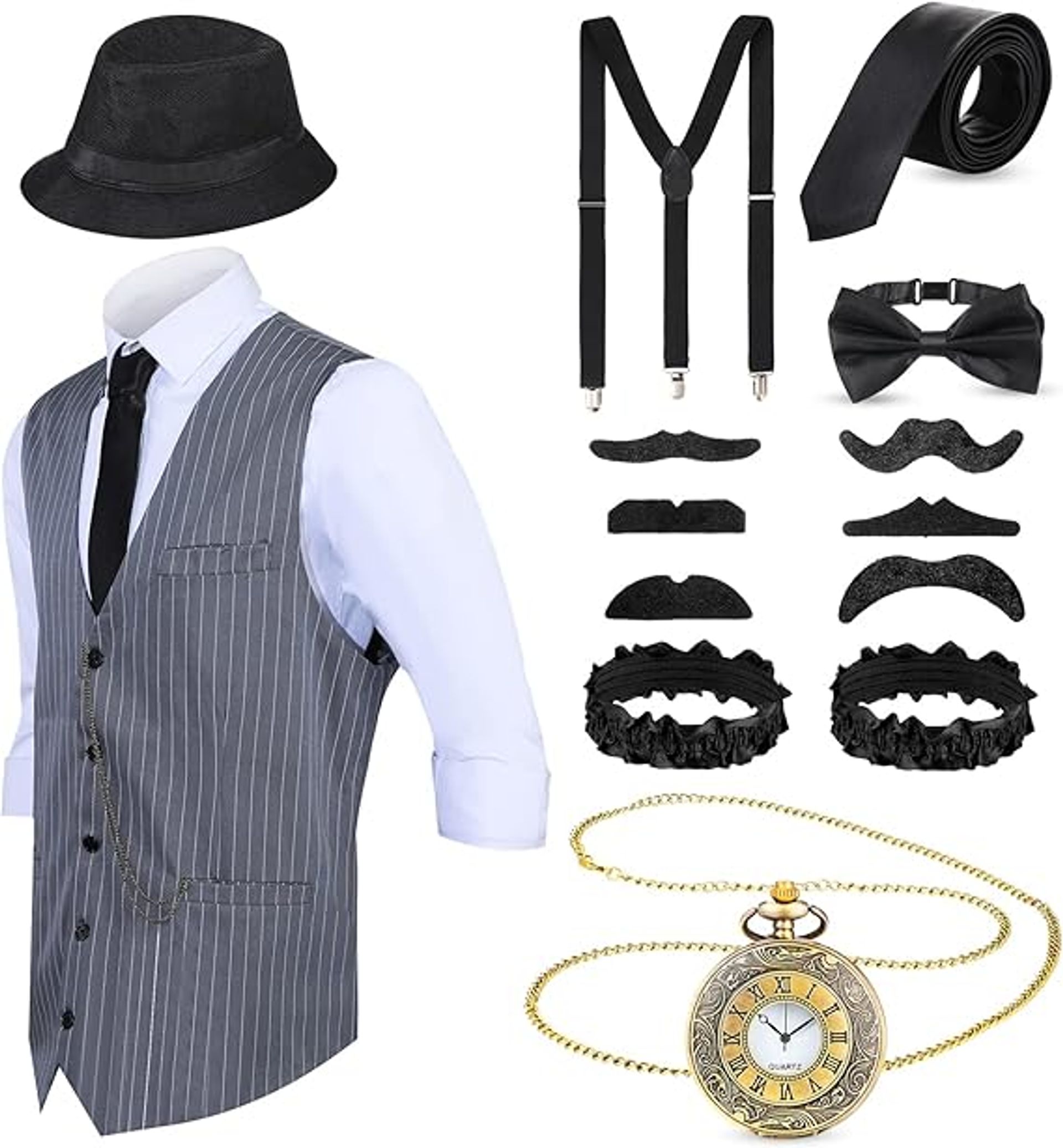 Men's 1920s Gangster Fancy Dress Costume Set with Vest Hat Watch Suspenders - Grey Black Stripe XL
