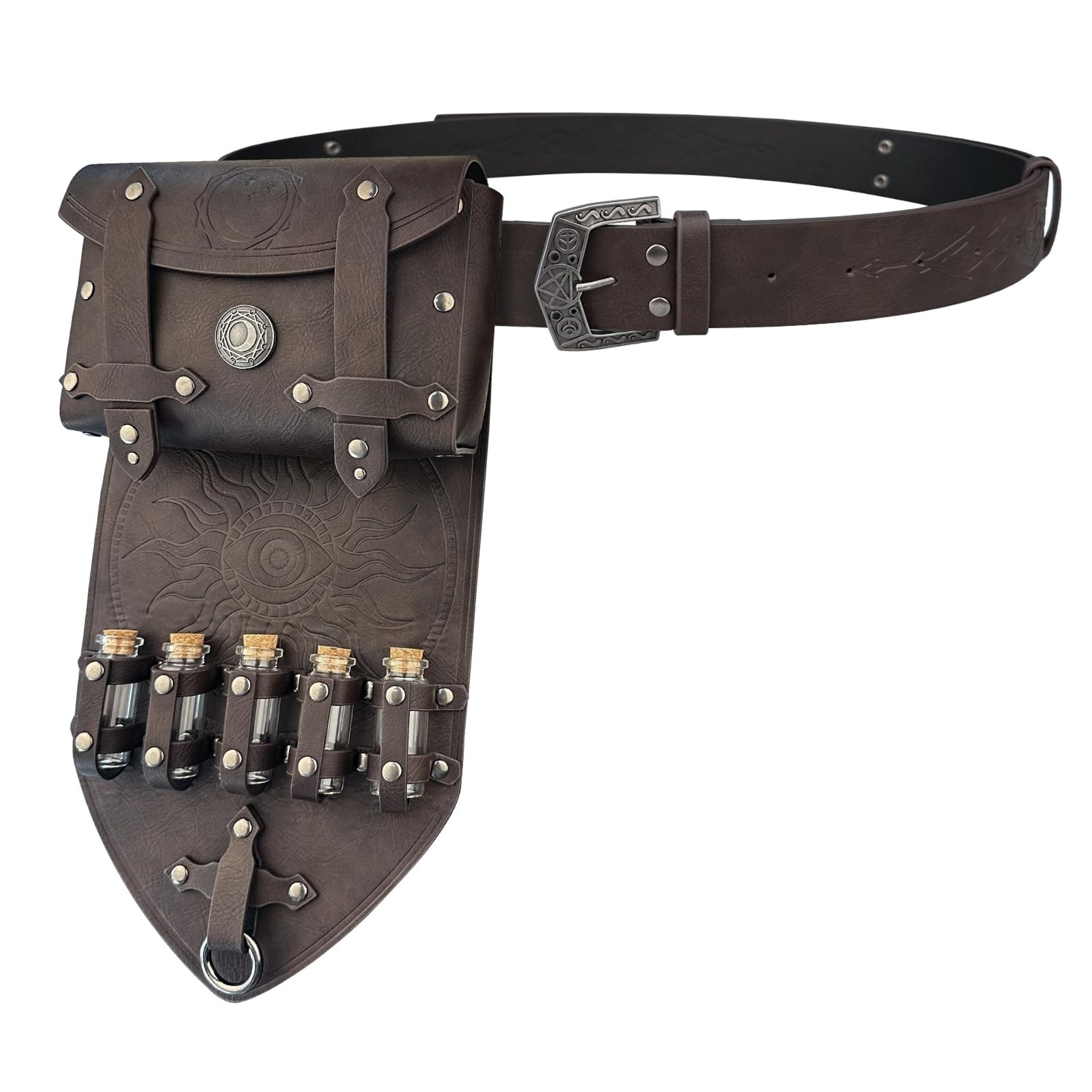 Medieval Alchemy Faux Leather Belt Bag Set with Potion Vials for LARP, Cosplay & Halloween - Dark Brown A 57.09 Inches