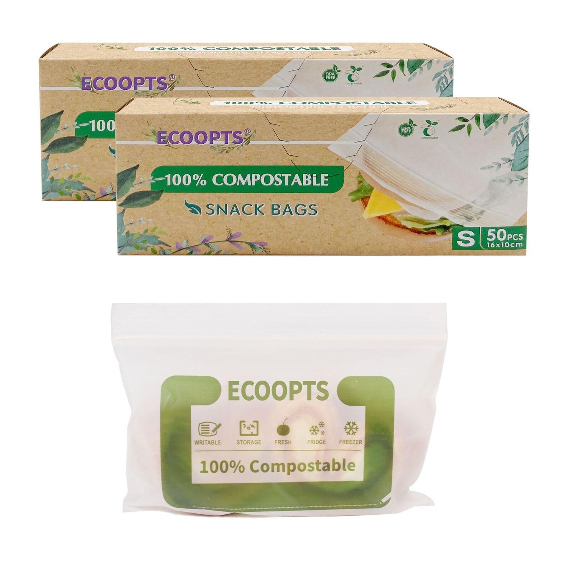 100% Compostable Snack Zip Bags - Eco-Friendly, BPA-Free Storage for Snacks & Freezer (100 Bags)