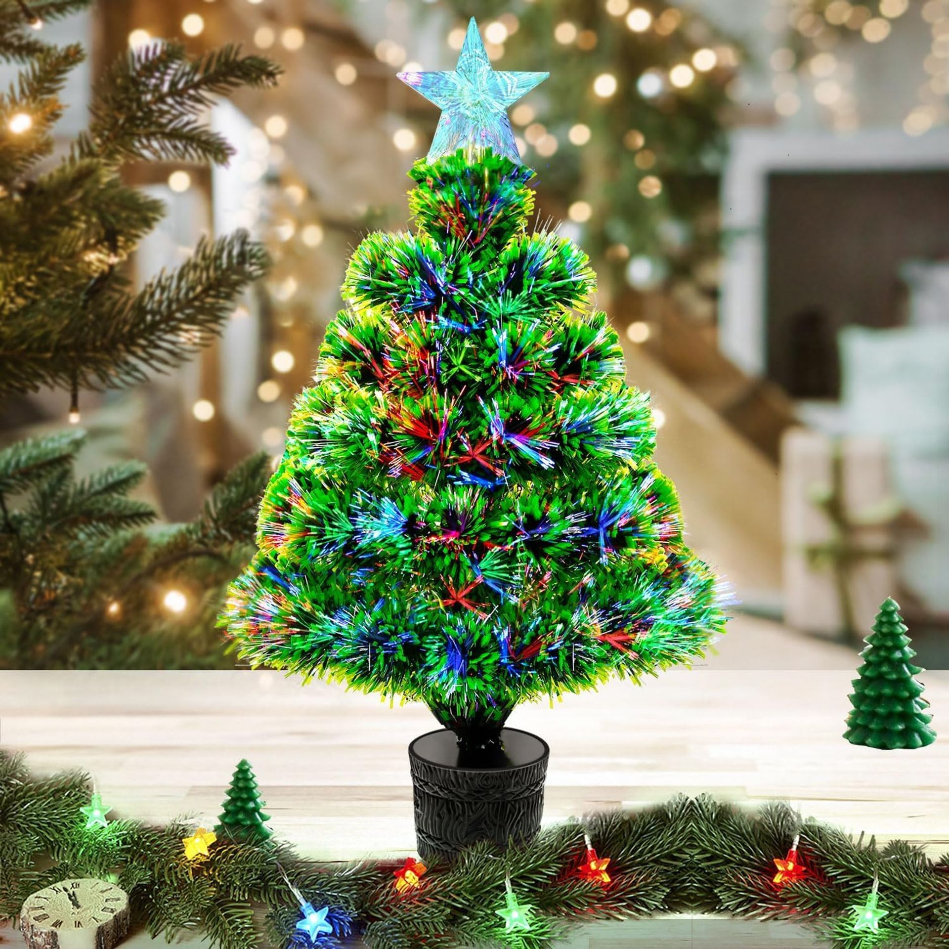 54cm Pre-Lit Fiber Optic Snowflocked Christmas Tree with RGB Lighting & Star