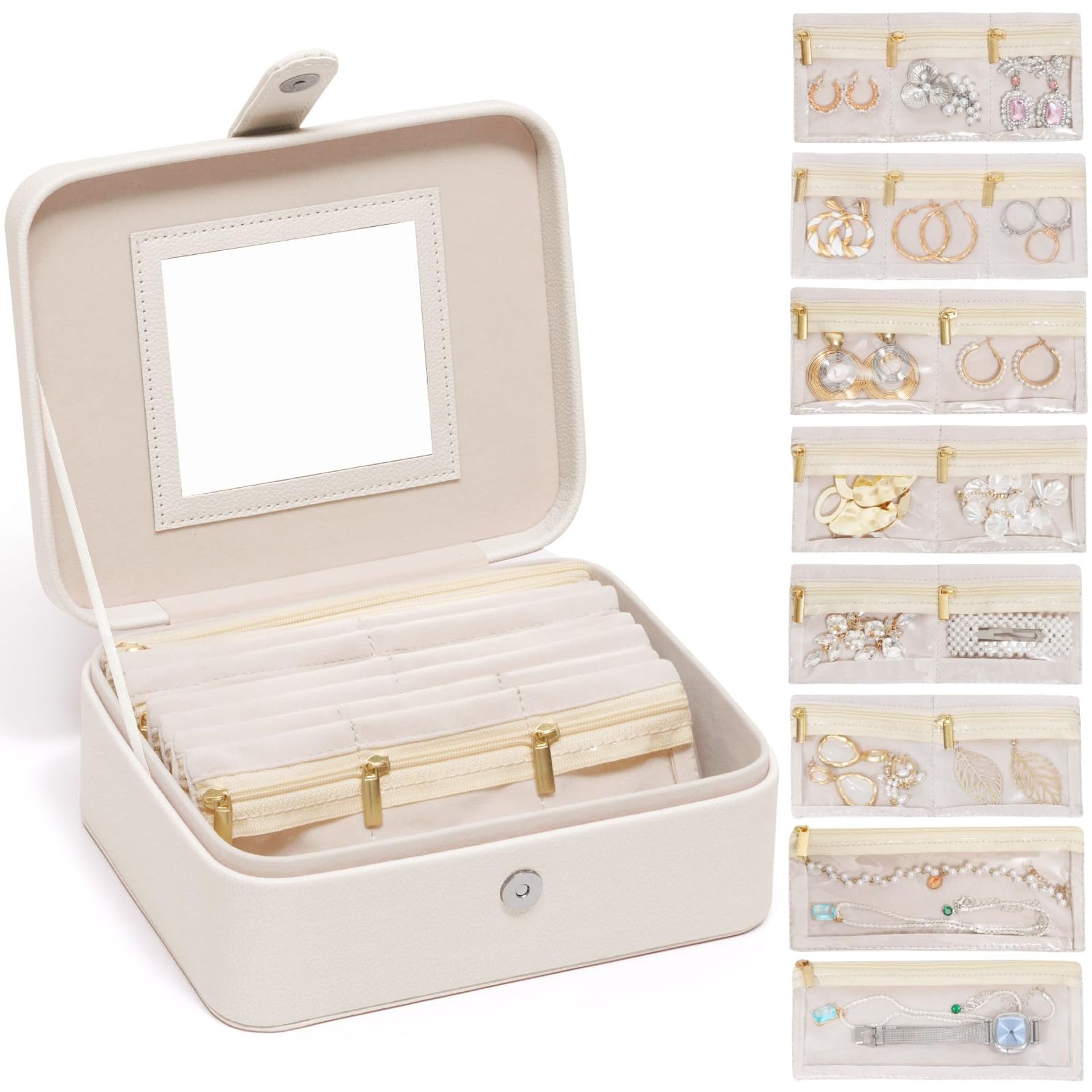 Lifewit Travel Jewelry Case with Mirror and Handle, Jewelry Box with 4 Pcs Jewelry Organizer Zipper Pocket for Earrings/Rings/Necklaces, Portable Mini Jewelry Storage, Gift for Women Girls, Cream