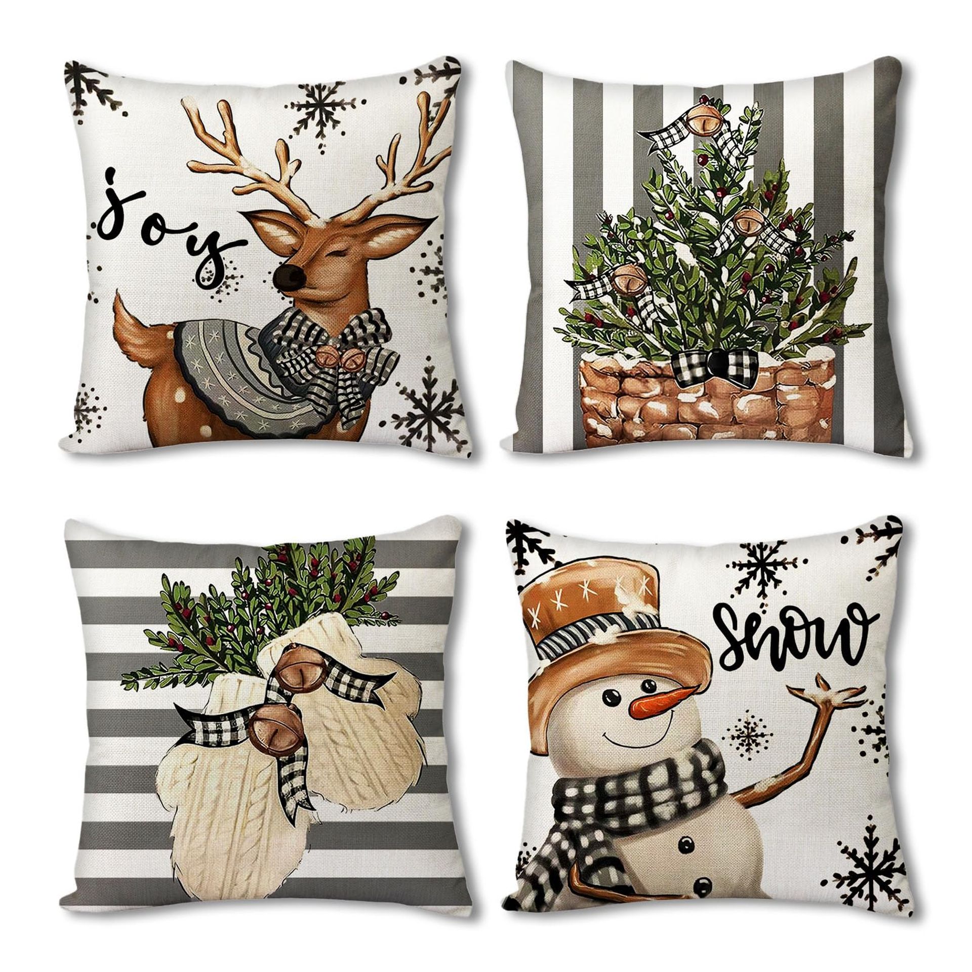 Christmas Cushion Covers Set of 4 - Snowman, Elk, Eucalyptus Designs for Indoor & Outdoor Use