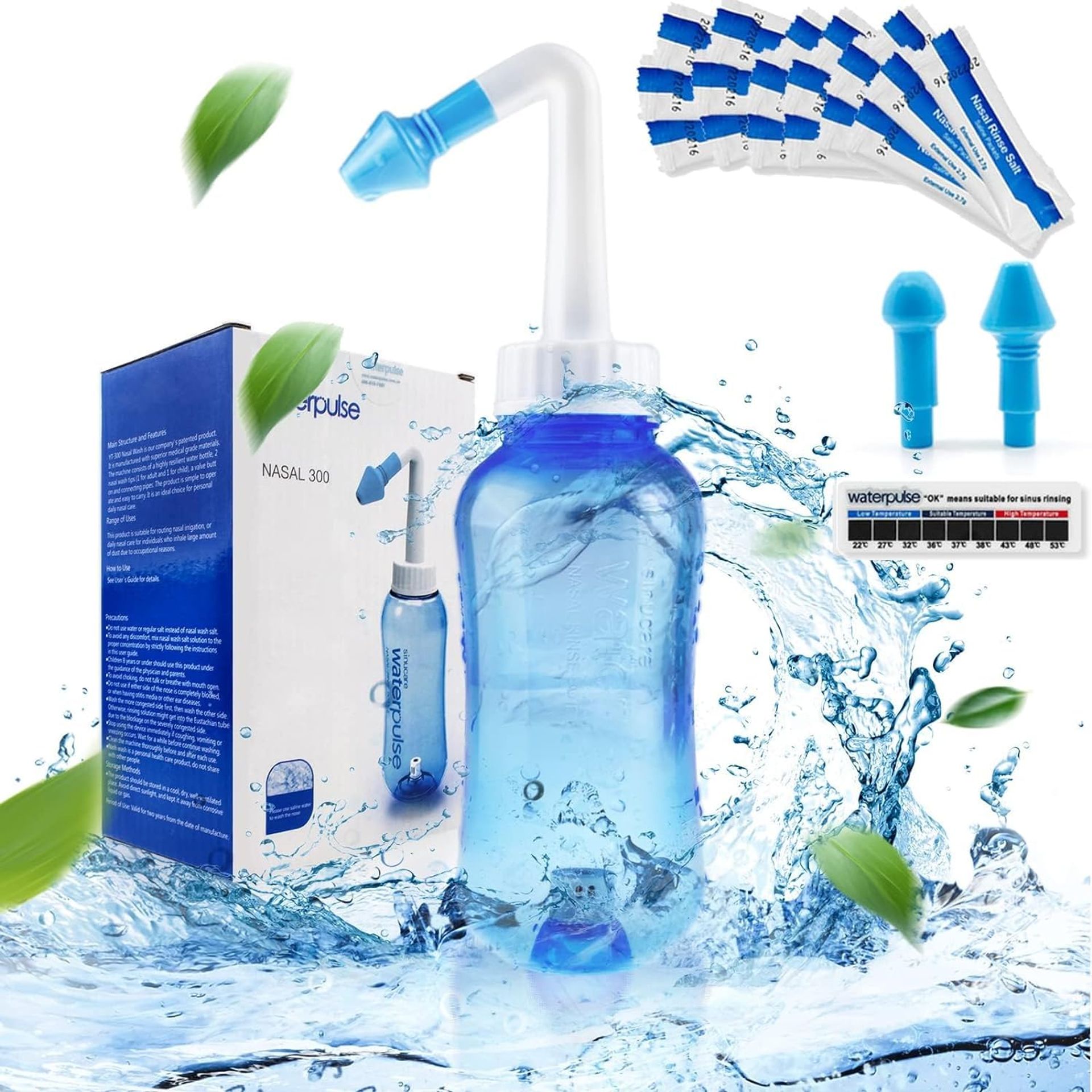 Nasal Sinus Rinse Kit with Neti Pot and 60 Packets Saline Salt for Congestion Relief, Allergy and Sinus Cleaning - Blue 60 Packets Nasal Wash Salt