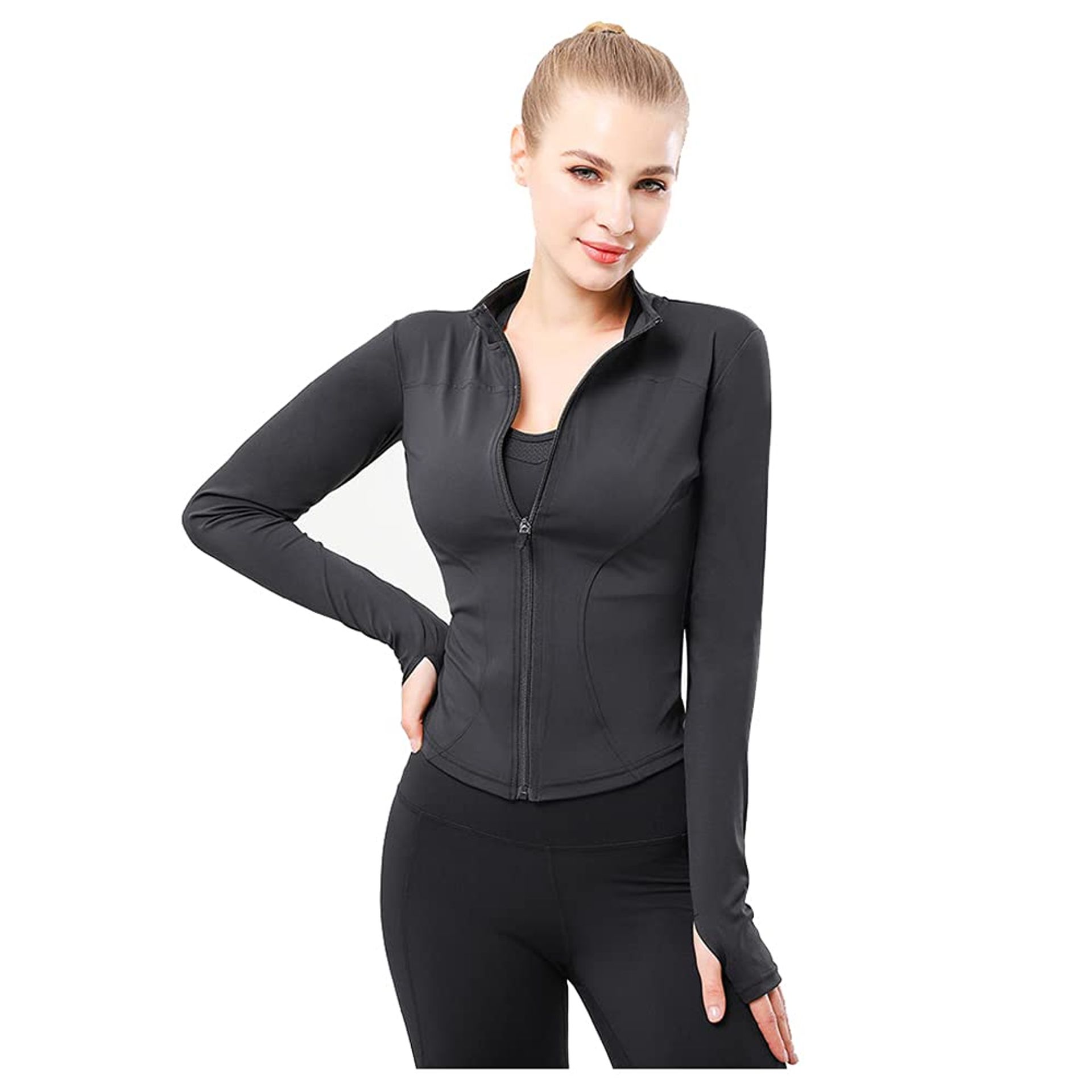 Women's Yoga Jacket Long Sleeve Slim Fit Zip-Up Sports Running Top - Black M