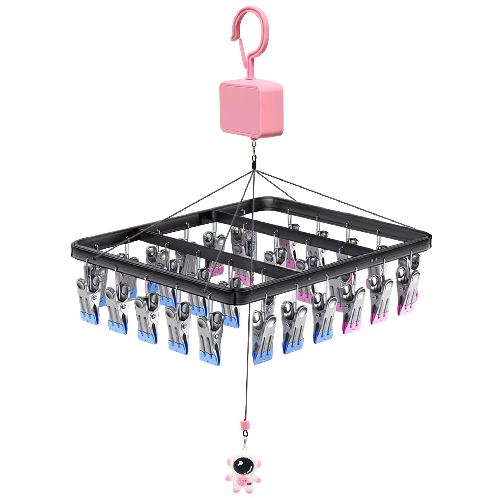 Liftable Sock Drying Rack Stainless Steel Hanger with 30 Clips, Wind-Proof Swivel Hook for Laundry, Socks, Towels & Baby Clothes - Silver QZ0569A