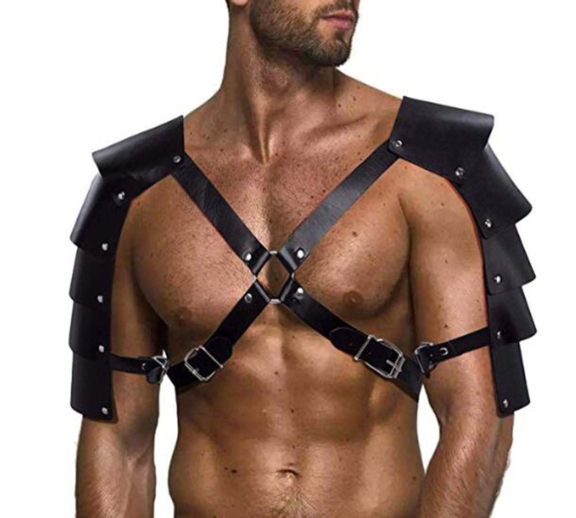 Men's Faux Leather Body Chest Harness Costume with Shoulder Armour and Adjustable Buckles - Black One Size LM09