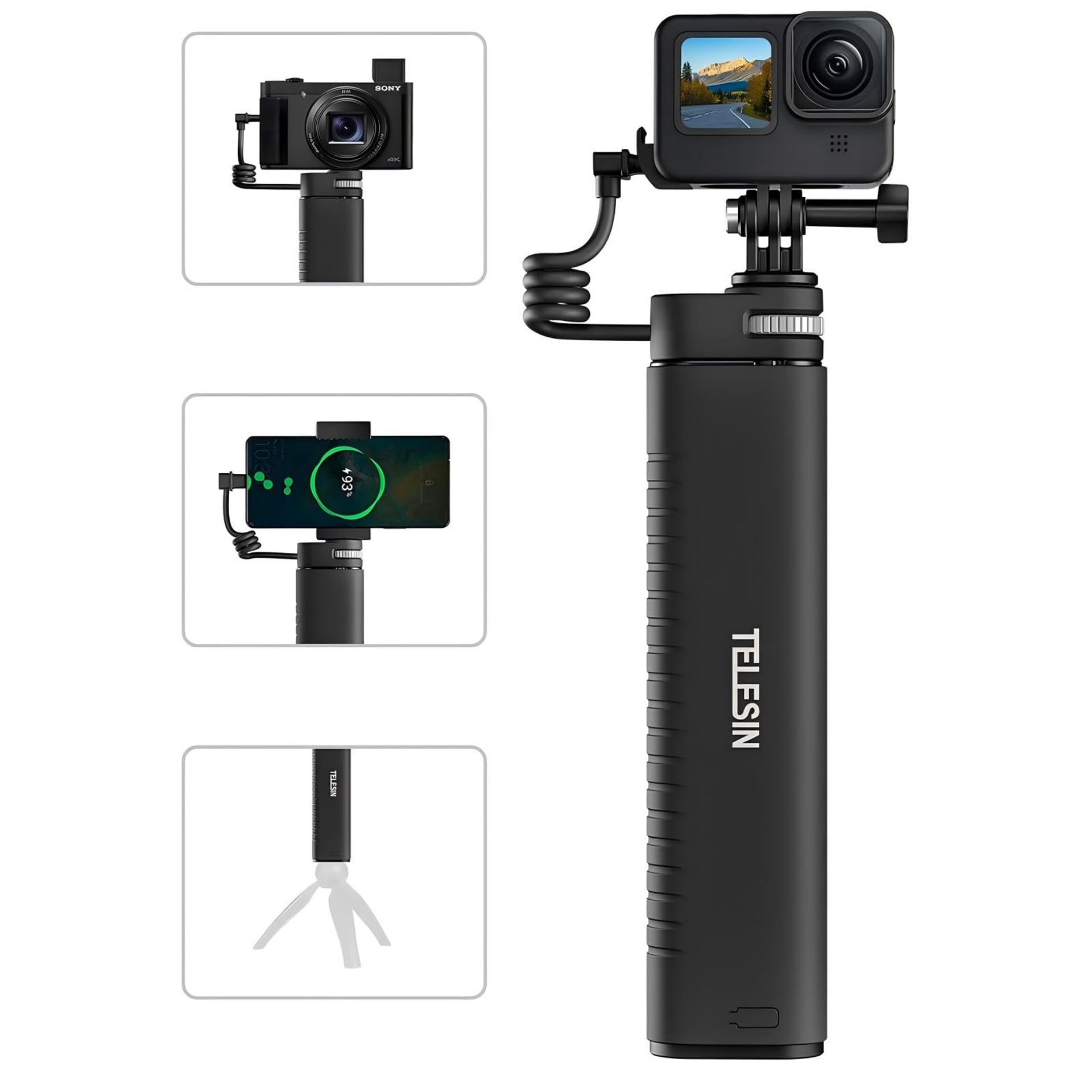 Battery Handle Mount 10000mAh Power Stick for GoPro, Insta360 & DJI with PD/QC Fast Charging, Tripod & Vlog Grip Attachment - Black