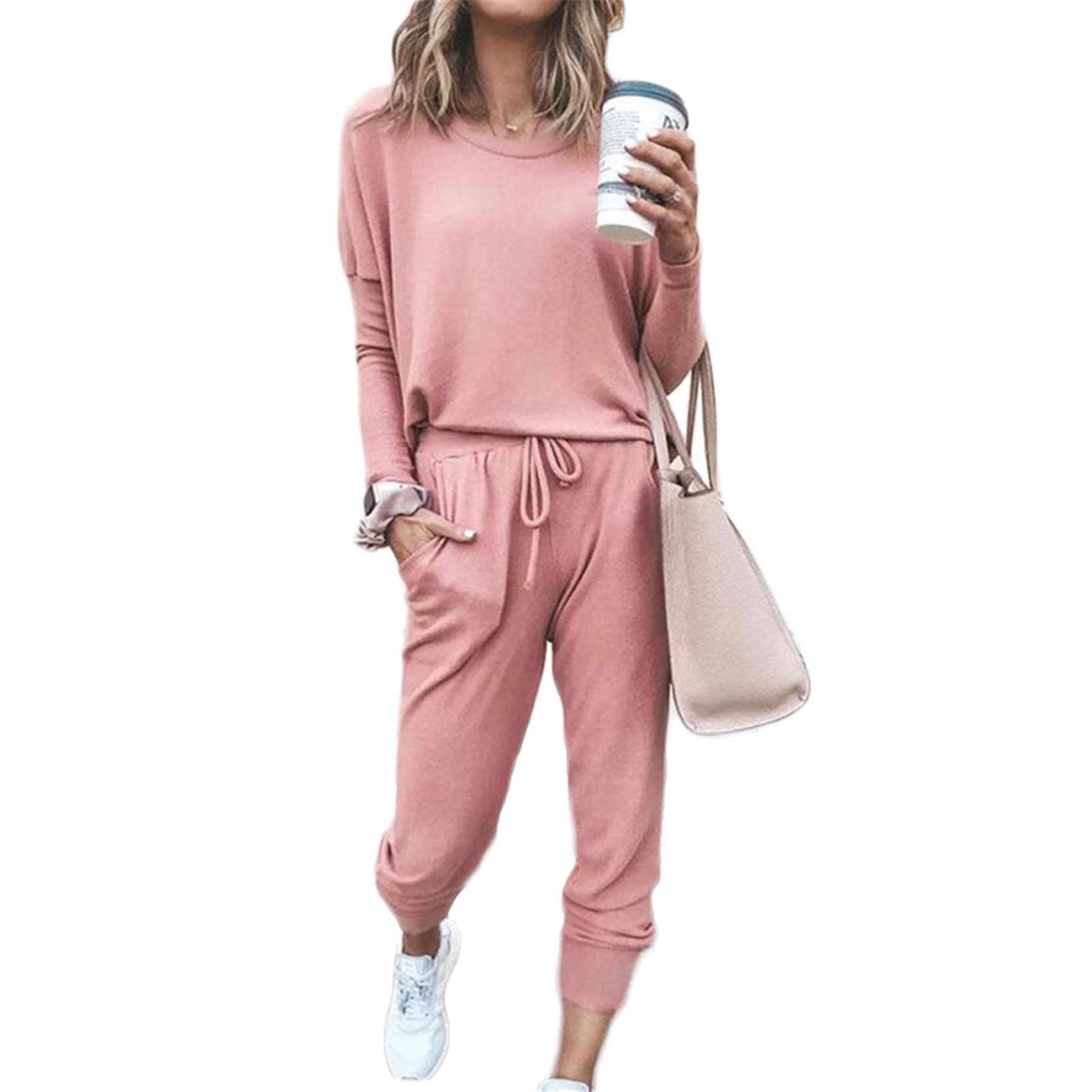 Women's Two Piece Tracksuit Long Sleeve Sweatshirt and Baggy Pants Lounge Set - Pink XL - Valentines