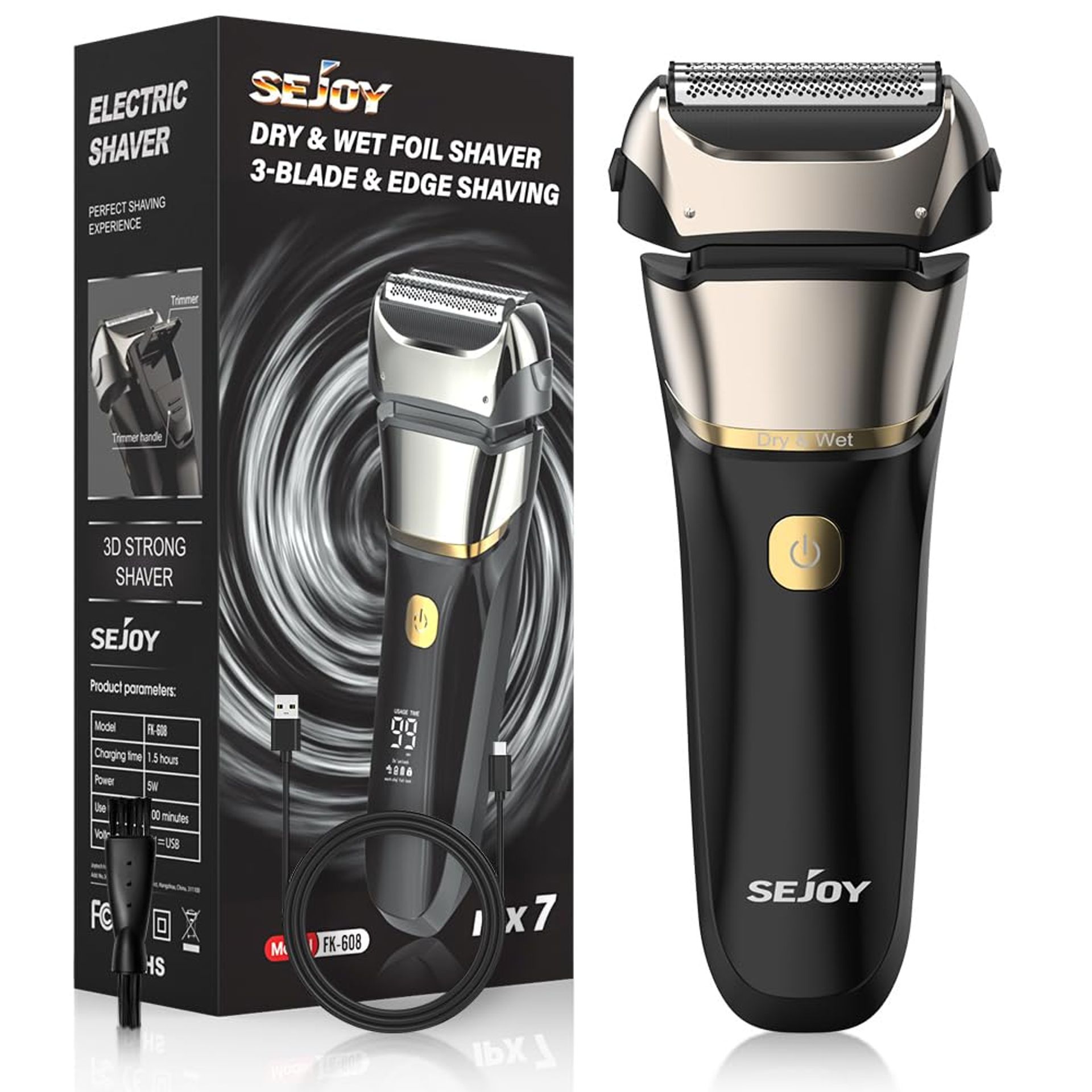 Men's Electric Foil Shaver Wet & Dry 3-Blade 7500 RPM Motor Digital Display IPX7 Waterproof - Silver TXD-FK608-SIL
