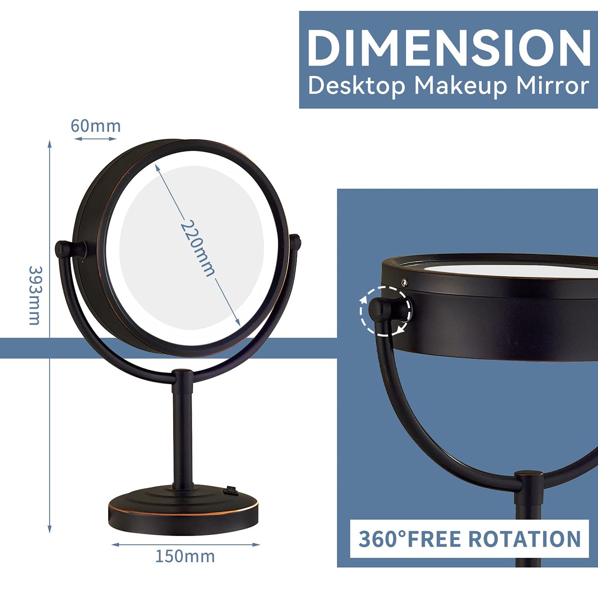 Illuminated Table Mirror 1x/10x Magnification 360° Rotatable Double-Sided
