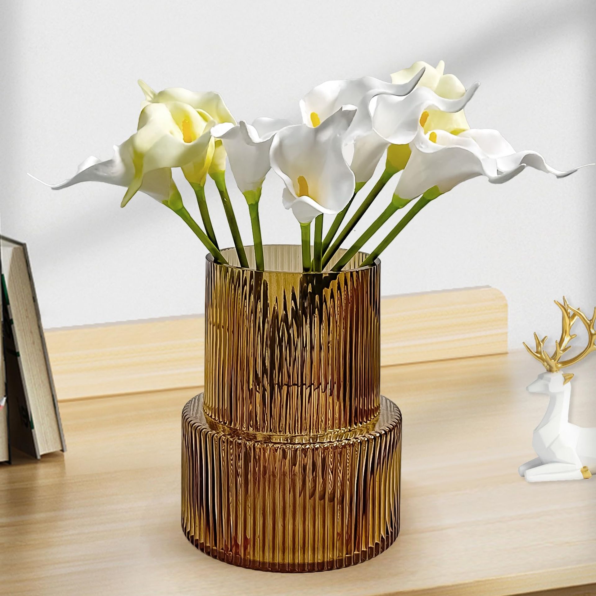 Aoderun Amber Ribbed Glass Vase - Modern Large Vase For Lego