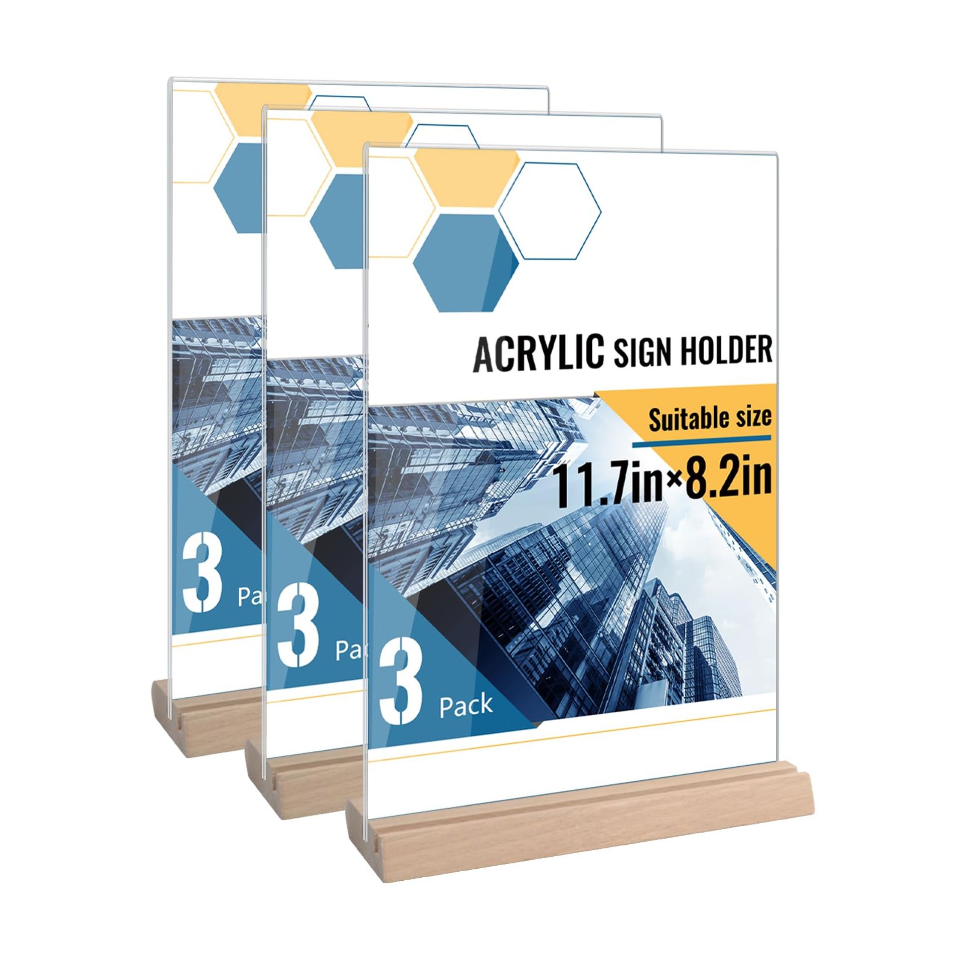 Acrylic Sign Holder Set Double Sided Display Stand with Wooden Base for Flyers Menus Posters - Clear A4