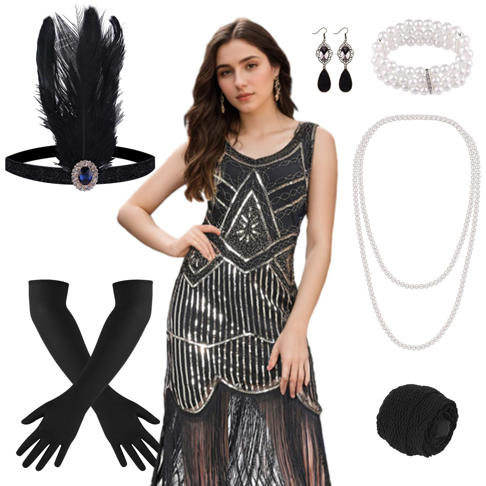 1920s Flapper Dress Women's Sequin Fringe Cocktail Costume with Accessories - Pure Black Gold XL