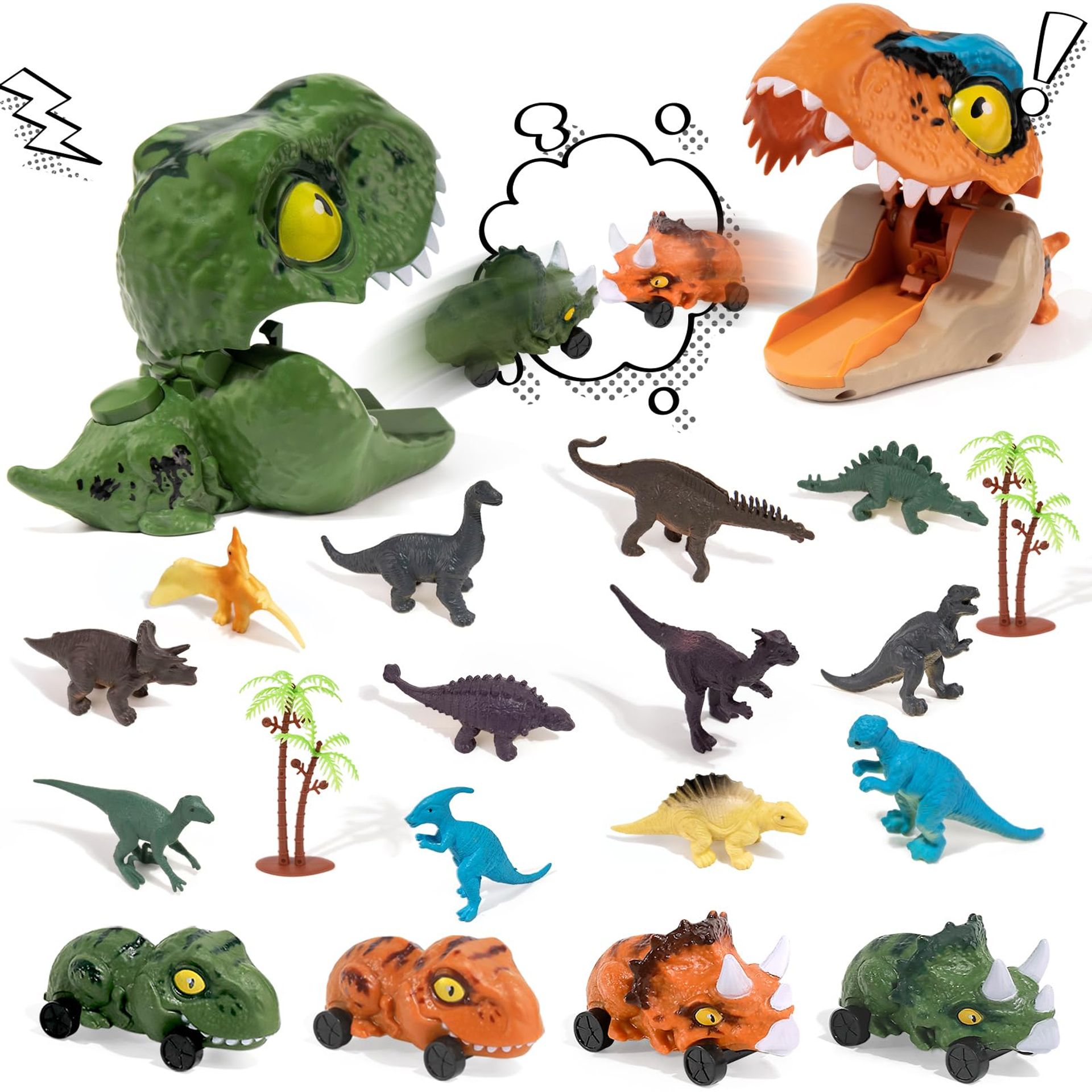 Dinosaur Toy Play Set with Catapult Launcher, Ejection Cars & 12 Dino Figures for Kids 3-6 Years - Green Piccolo