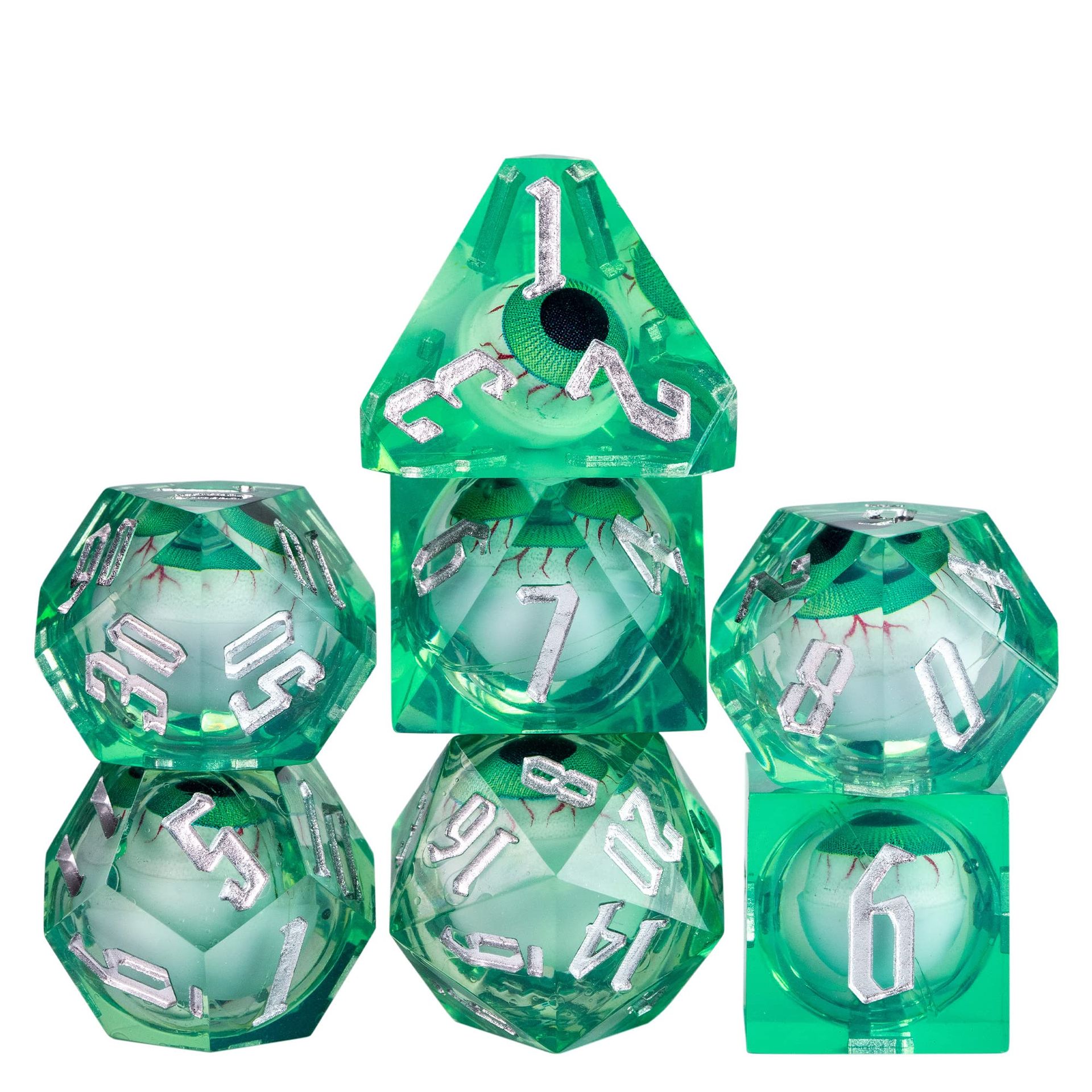 Sharp Edge Liquid Core DND Dice Set with Peeping Eye Design - 7 PCs Green Eyeball Roleplaying Polyhedral Dice