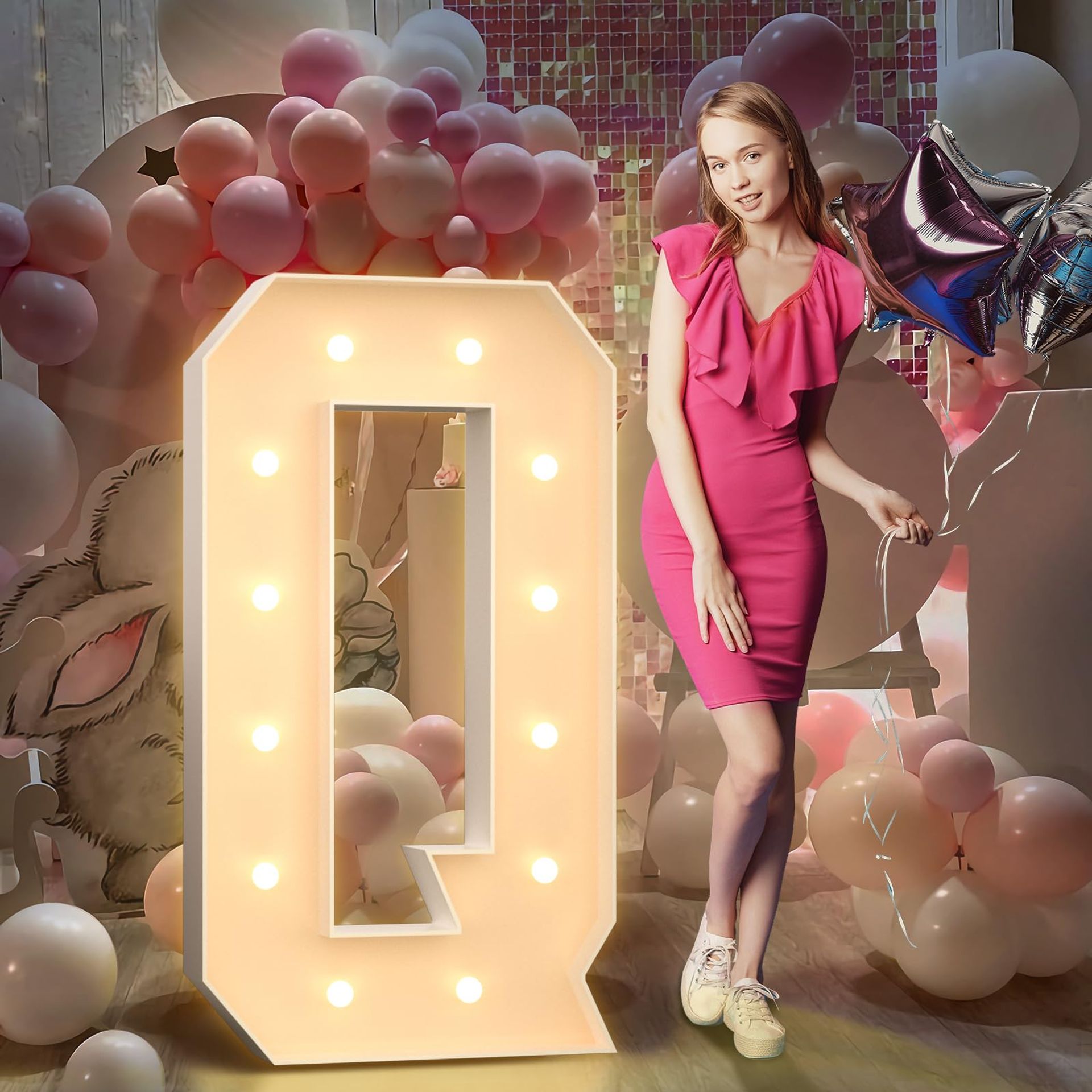 4FT Light Up Letters Birthday Decoration: Large Cardboard Letters Q for Party, Marquee Letters for Graduation Decorations Baby Shower Wedding Decor, Mosaic Balloon Arch Stand Pre-cut DIY Number