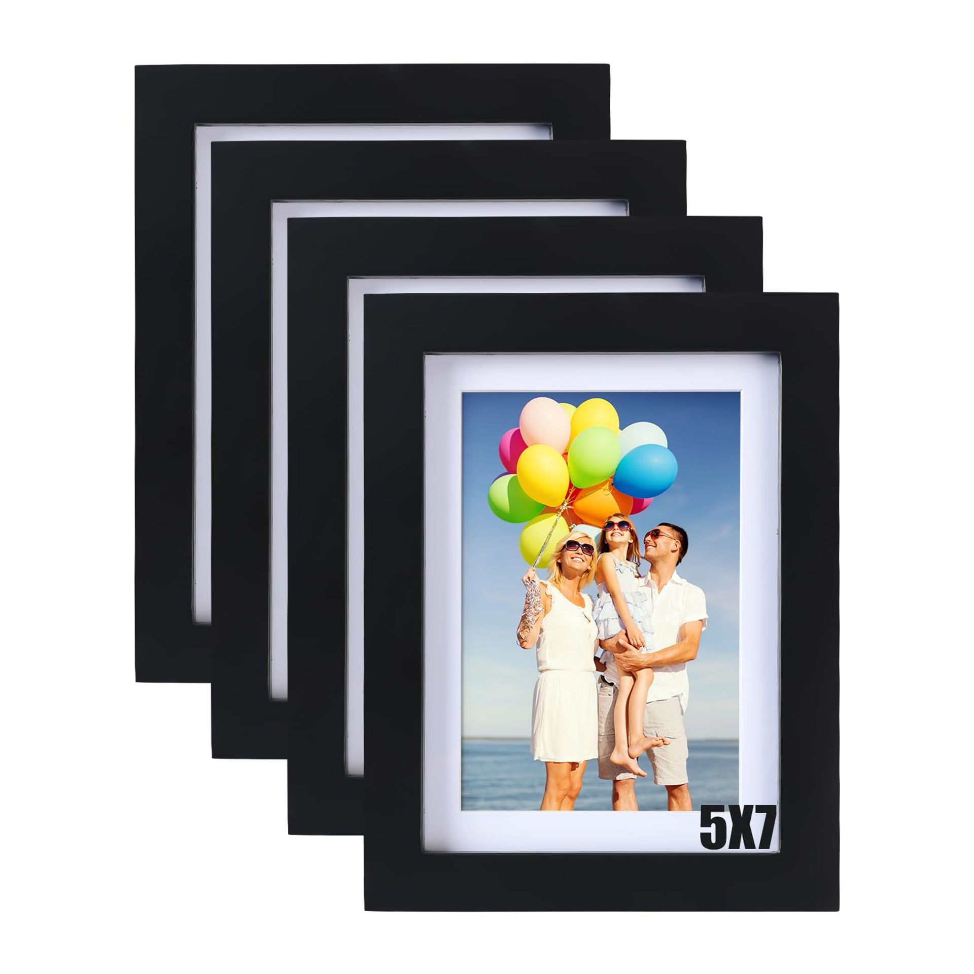 Elegant 7x5 Black Picture Frames Set of 4 - Solid Wood & Real Glass, Matted for 6x4 or 7x5 Photos