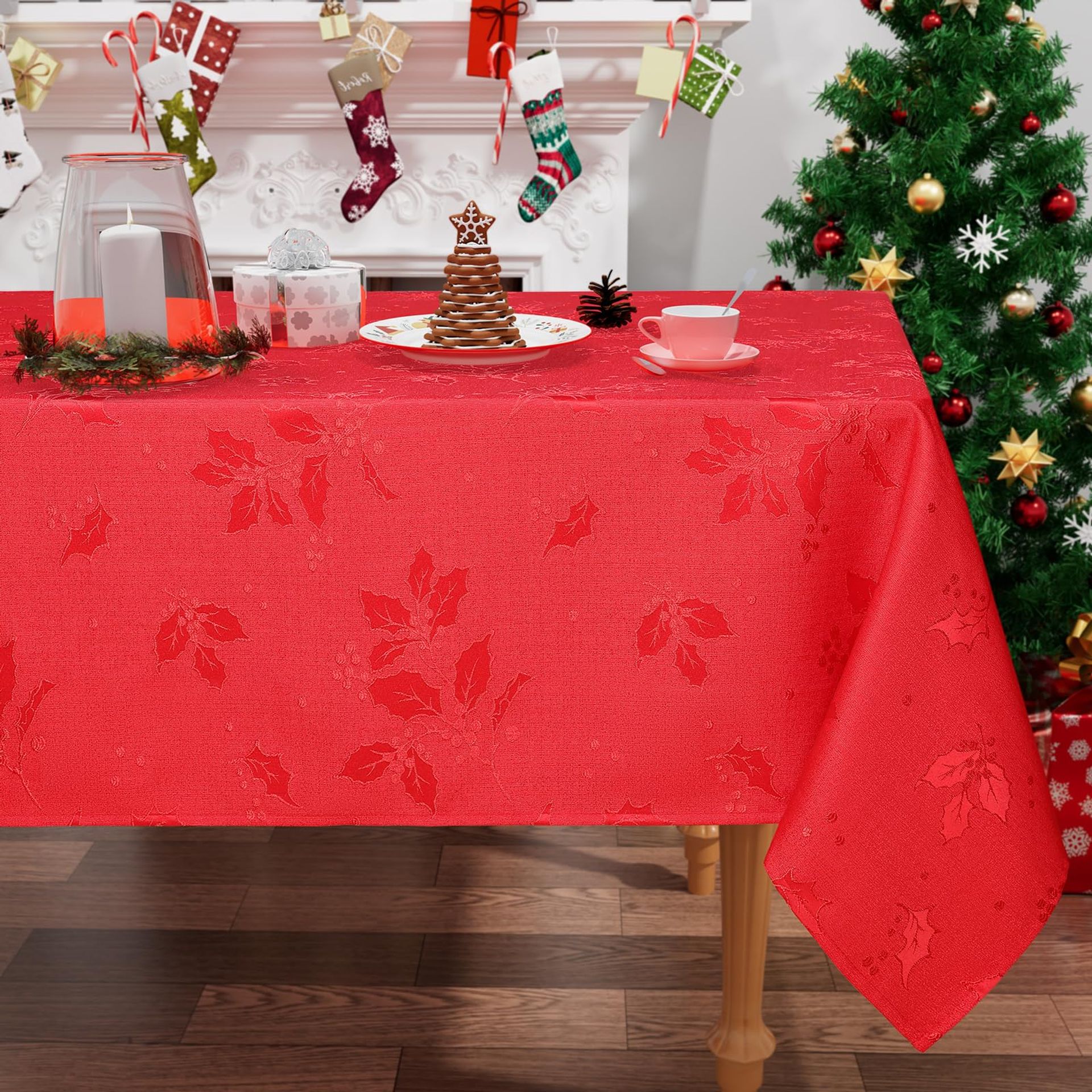 Festive Red Xmas Tablecloth 140x200cm, Wipeable & Washable with Holy Leaves Design